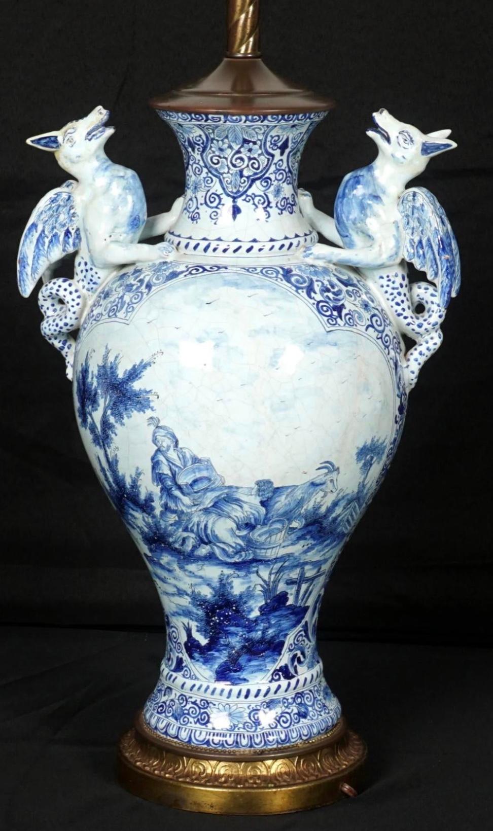 18th Century and Earlier Delft Faience Figural Serpent Handle Lamp For Sale
