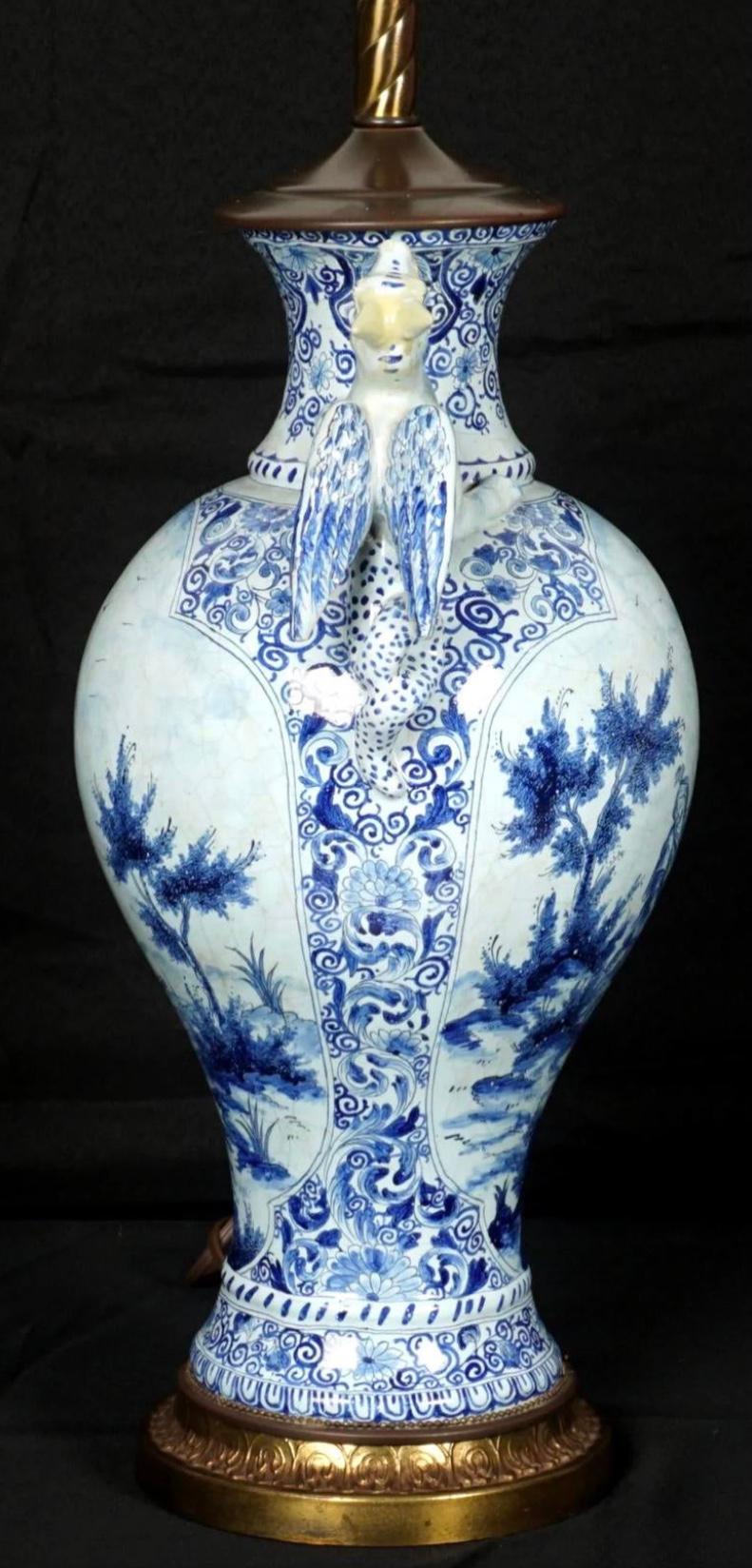 Porcelain Delft Faience Figural Serpent Handle Lamp For Sale
