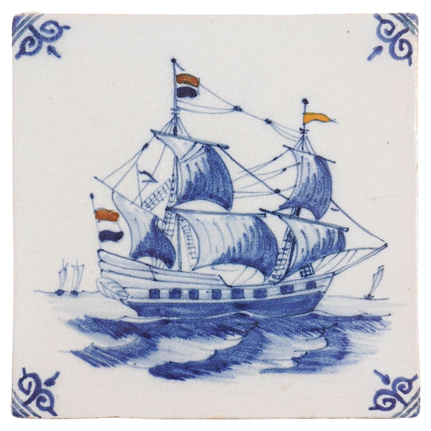 Delft faience tile of a galleon with tricolor flags, c. 1600
s For Sale
