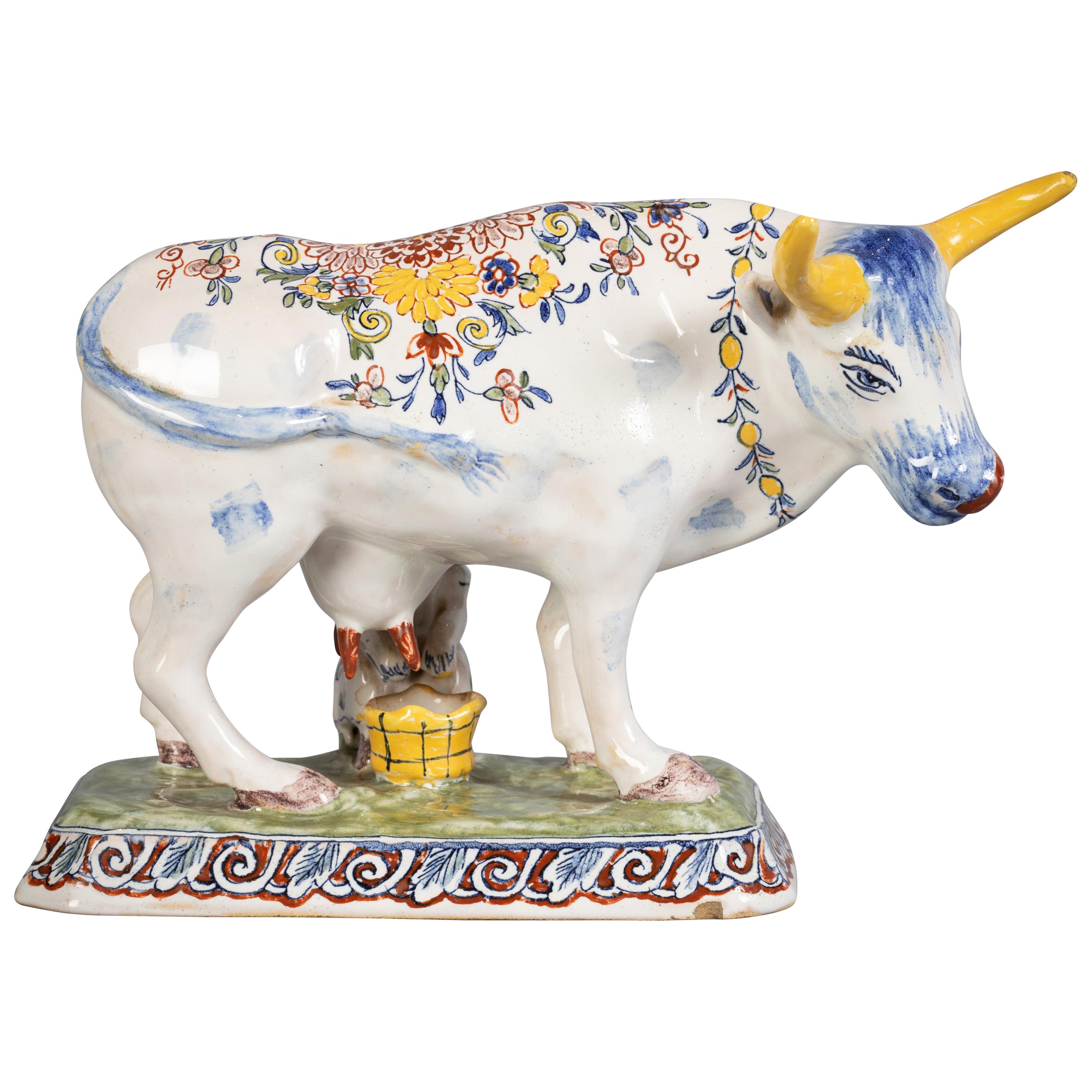 Delft Figural Group of Milkmaid and Cow, circa 1890 For Sale