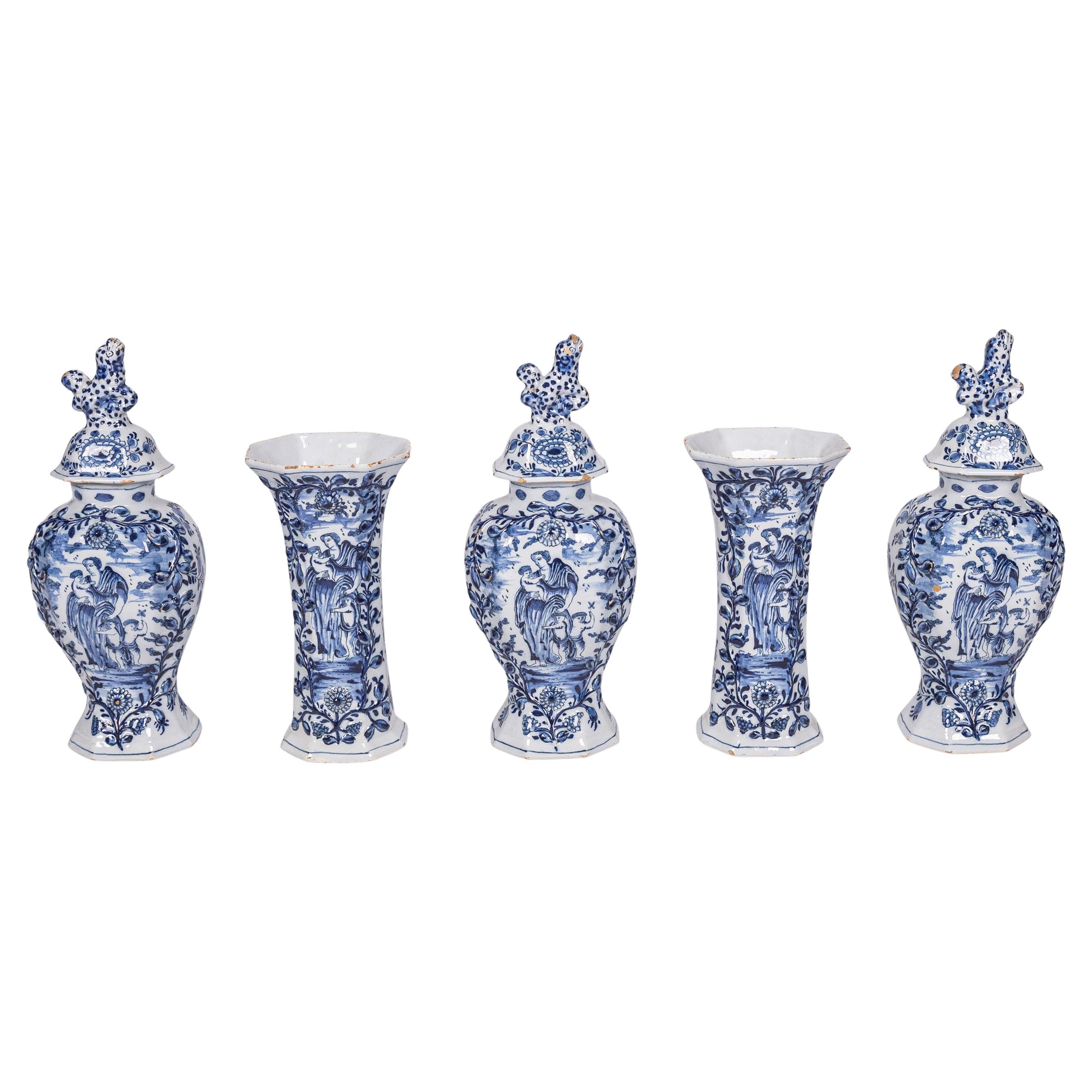 Delft - Garniture set of 5 vases depicting 'Caritas', 'T Fortuyn, 18th century