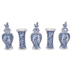 Delft - Garniture set of 5 vases depicting 'Caritas', 'T Fortuyn, 18th century