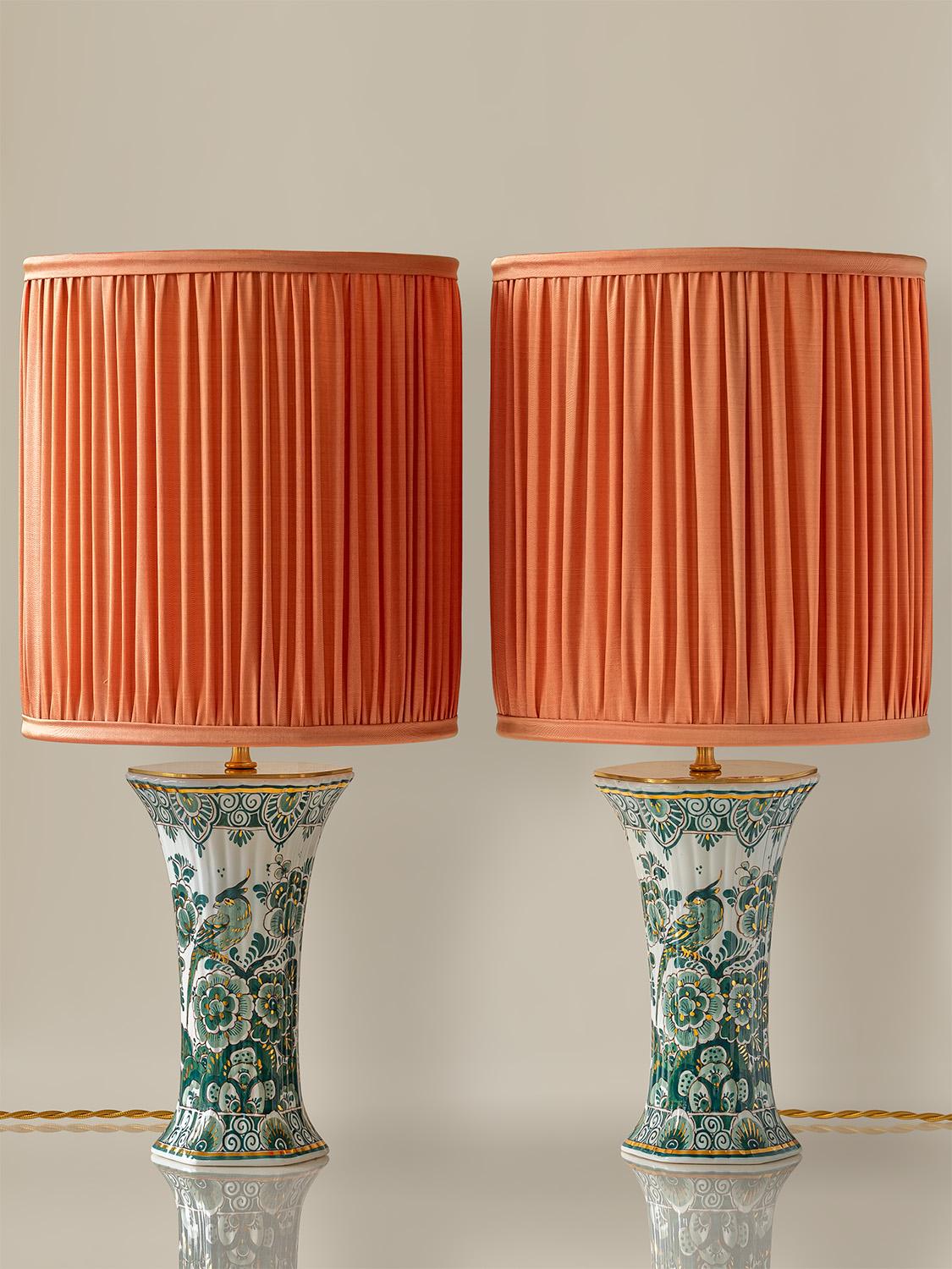 Delft Green Table Lamps (1950-1970) with New Pleated Peach Silk Shades, Set of 2 11