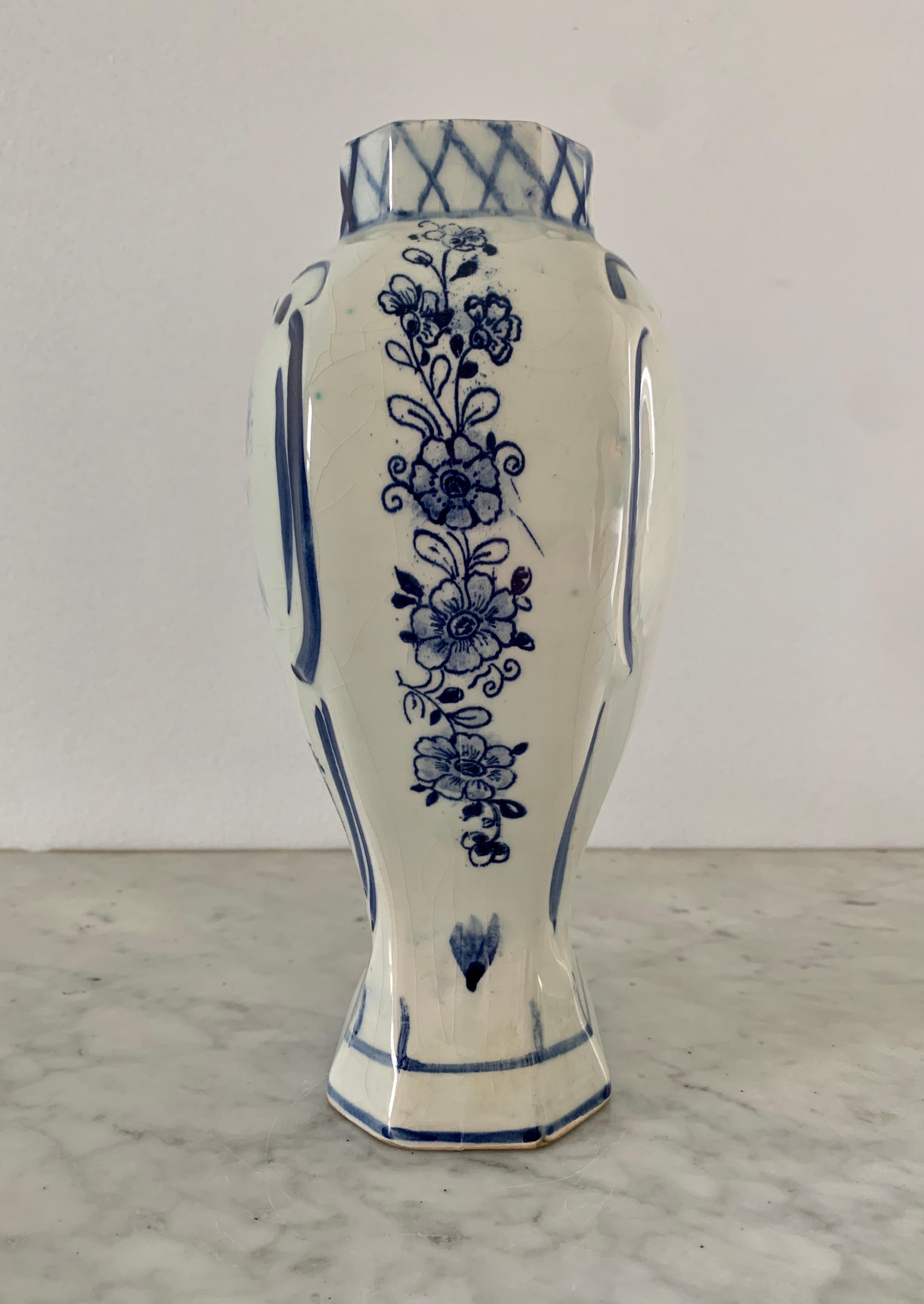 Dutch Colonial Delft Hand Painted Blue and White Porcelain Vase For Sale