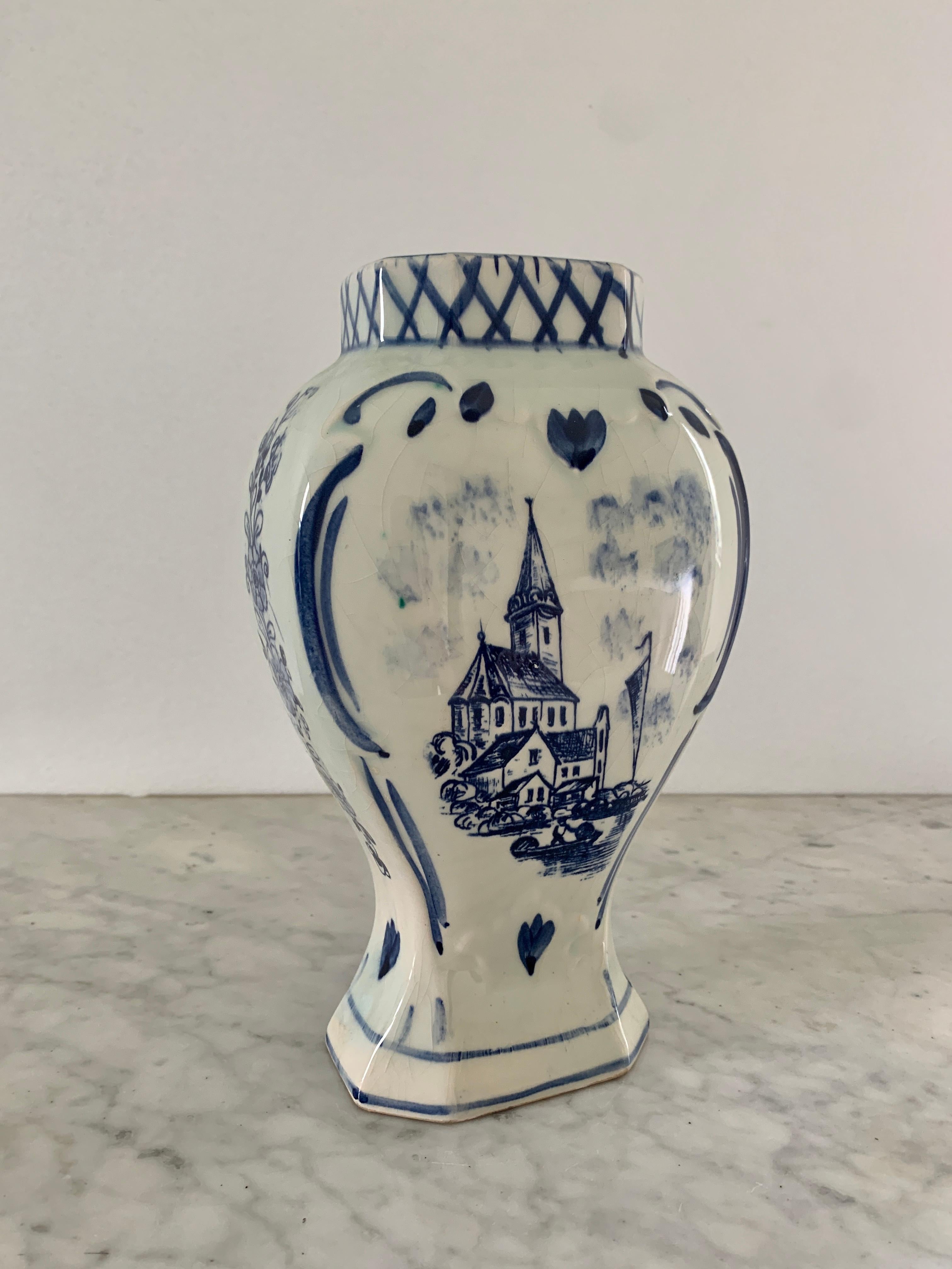 Mid-20th Century Delft Hand Painted Blue and White Porcelain Vase For Sale