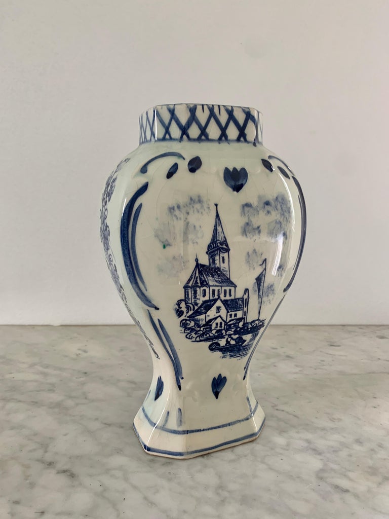 Delft Hand Painted Blue and White Porcelain Vase For Sale at 1stDibs