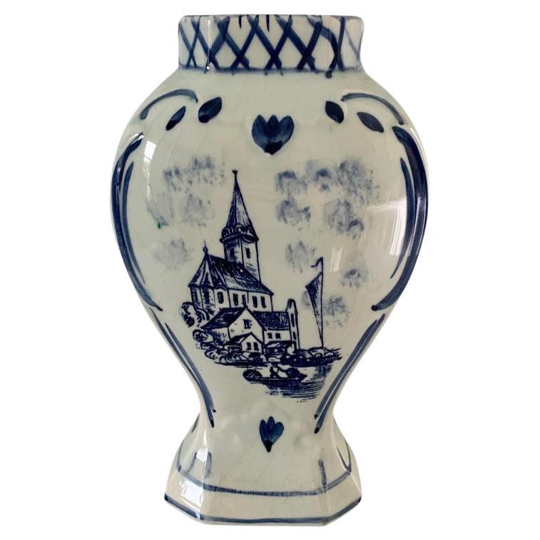 Delft Hand Painted Blue and White Porcelain Vase For Sale