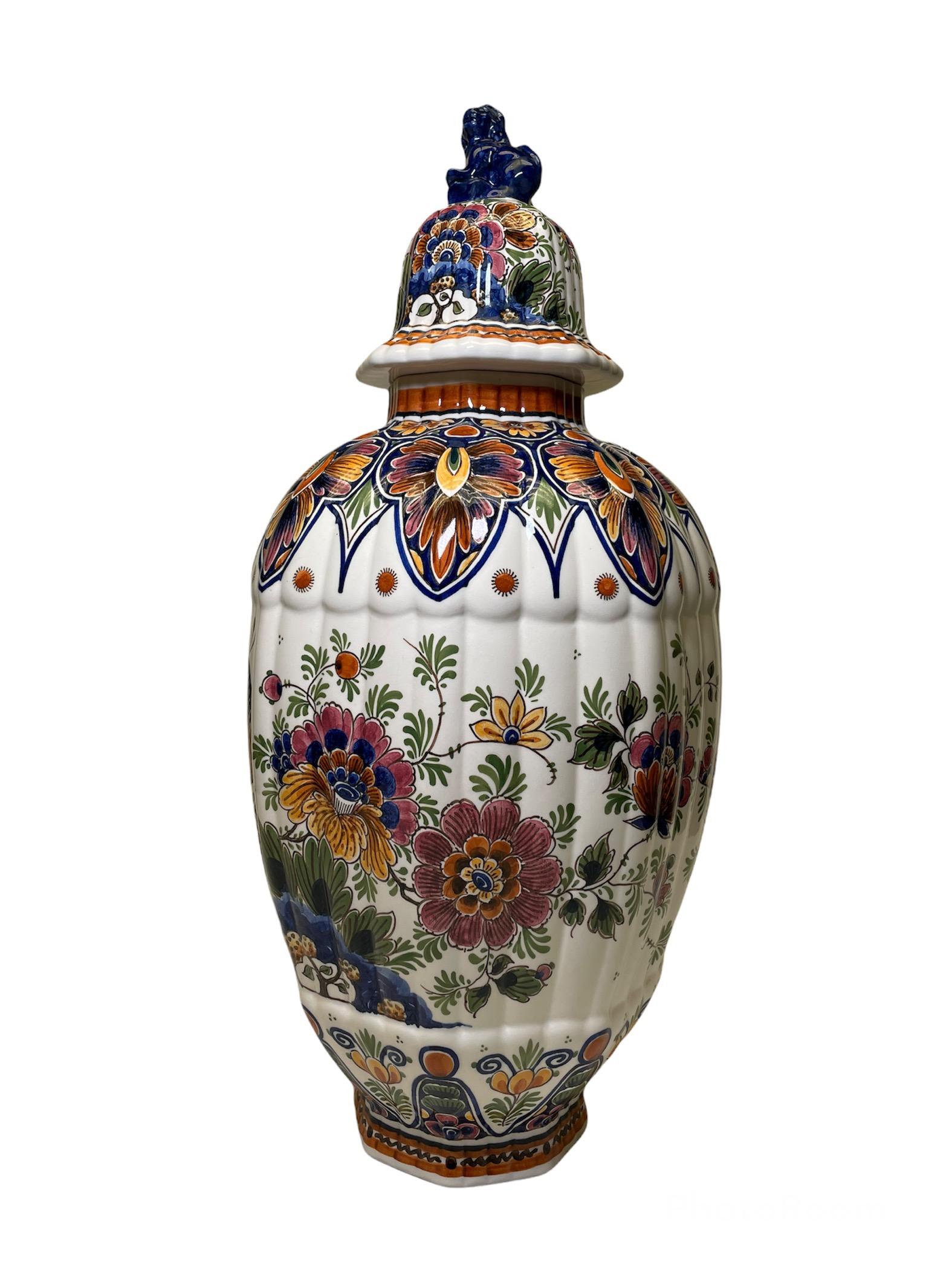 Chinoiserie Delft Hand Painted Porcelain Lidded Urn Vase/Ginger Jar