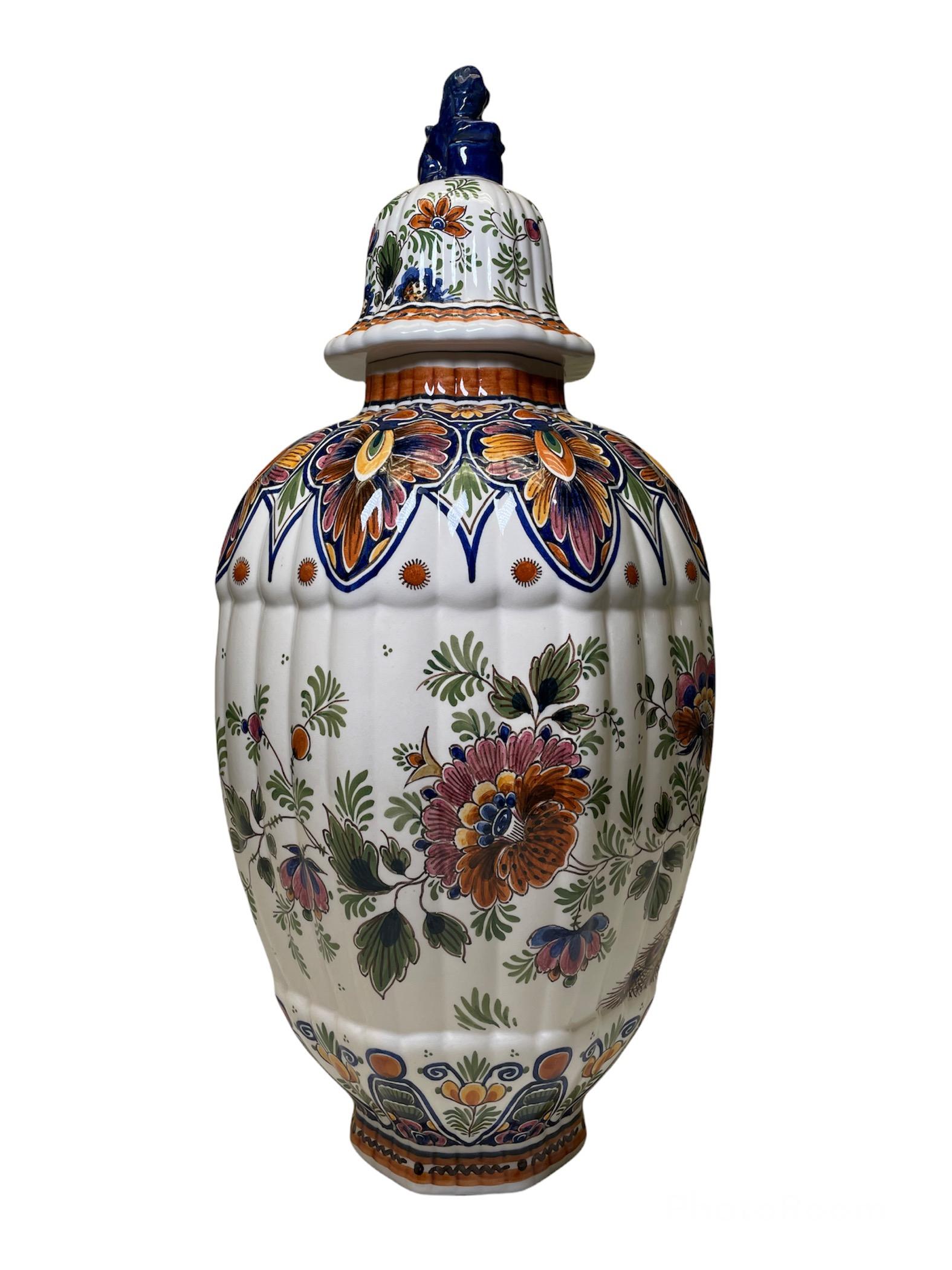 20th Century Delft Hand Painted Porcelain Lidded Urn Vase/Ginger Jar