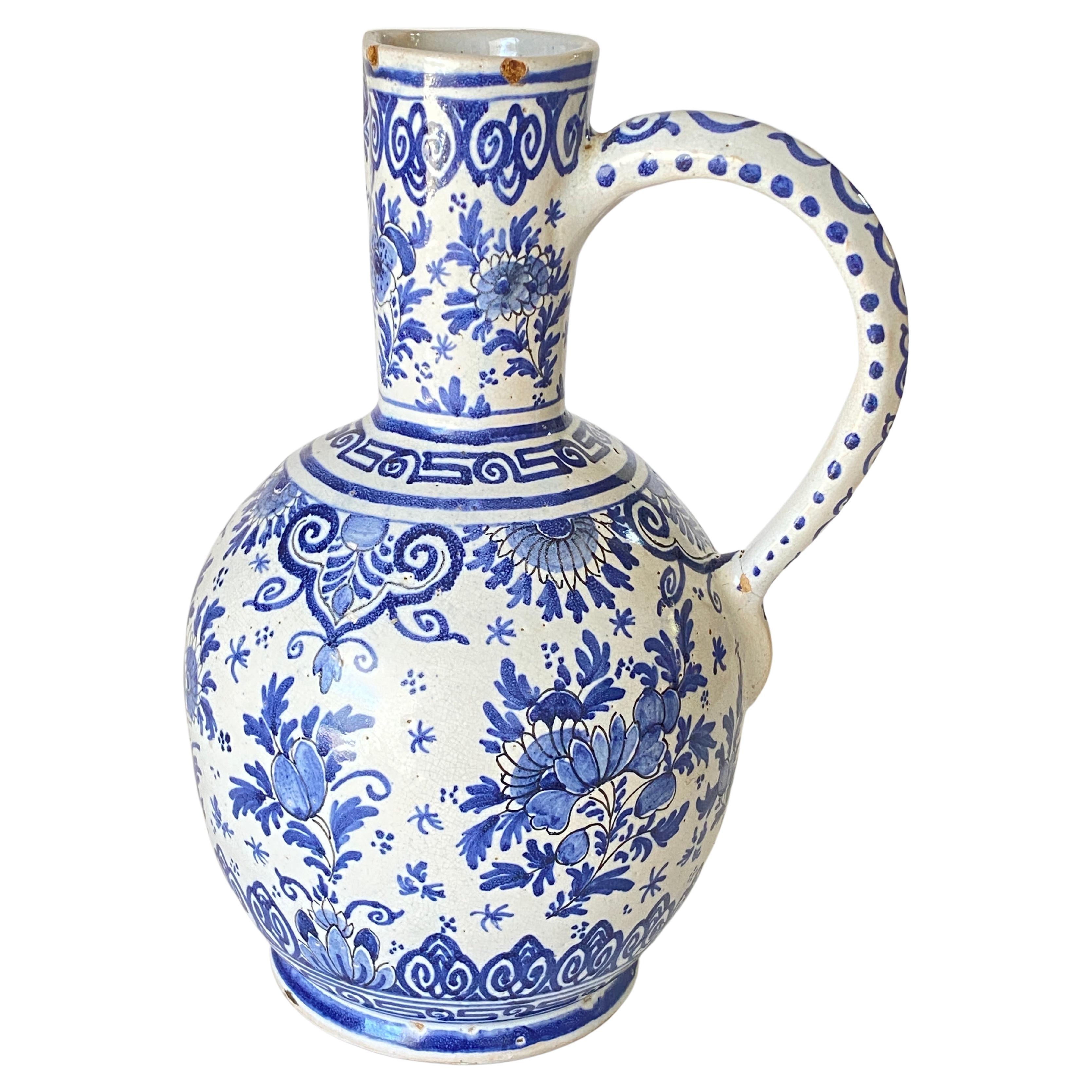 Delft Jug in Faïence, White and Blue, 18eme Century by Adrian Pynacker Signed For Sale
