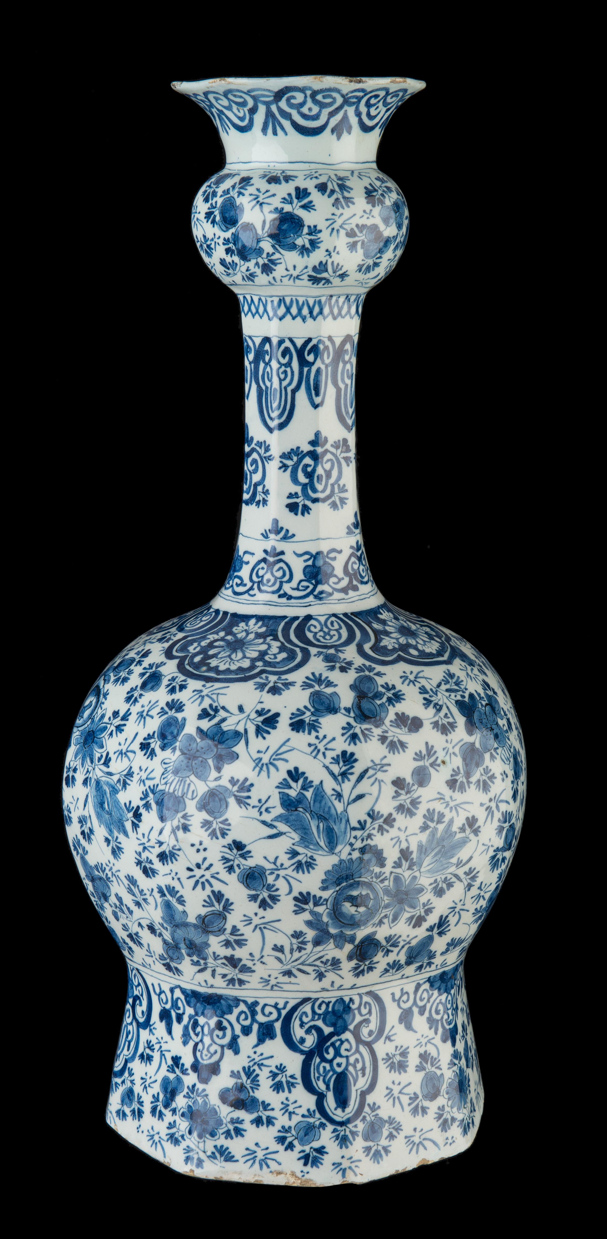 Baroque Delft, Large Blue and White Garlic-Head Bottle Vase, 1700-1720
