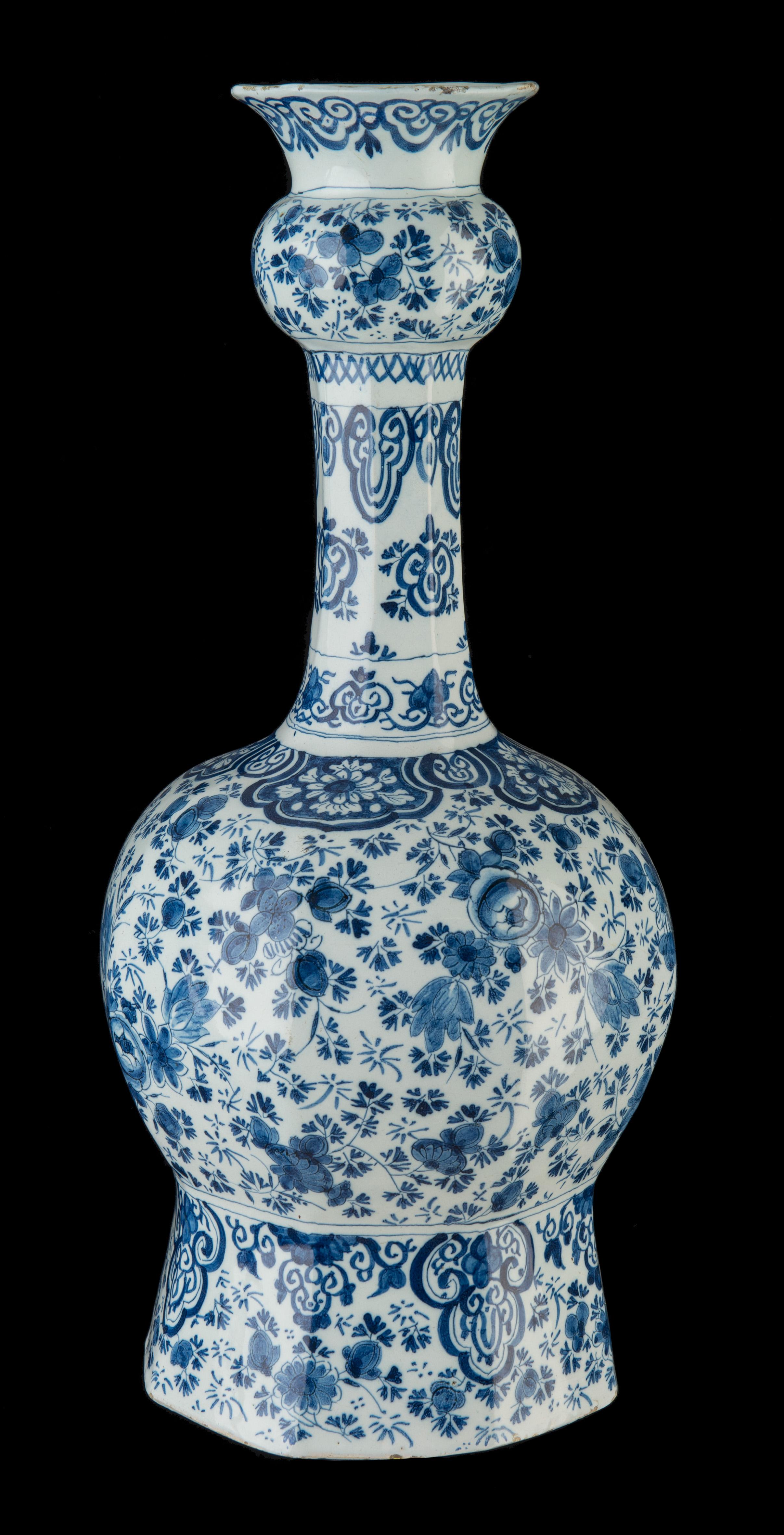Dutch Delft, Large Blue and White Garlic-Head Bottle Vase, 1700-1720