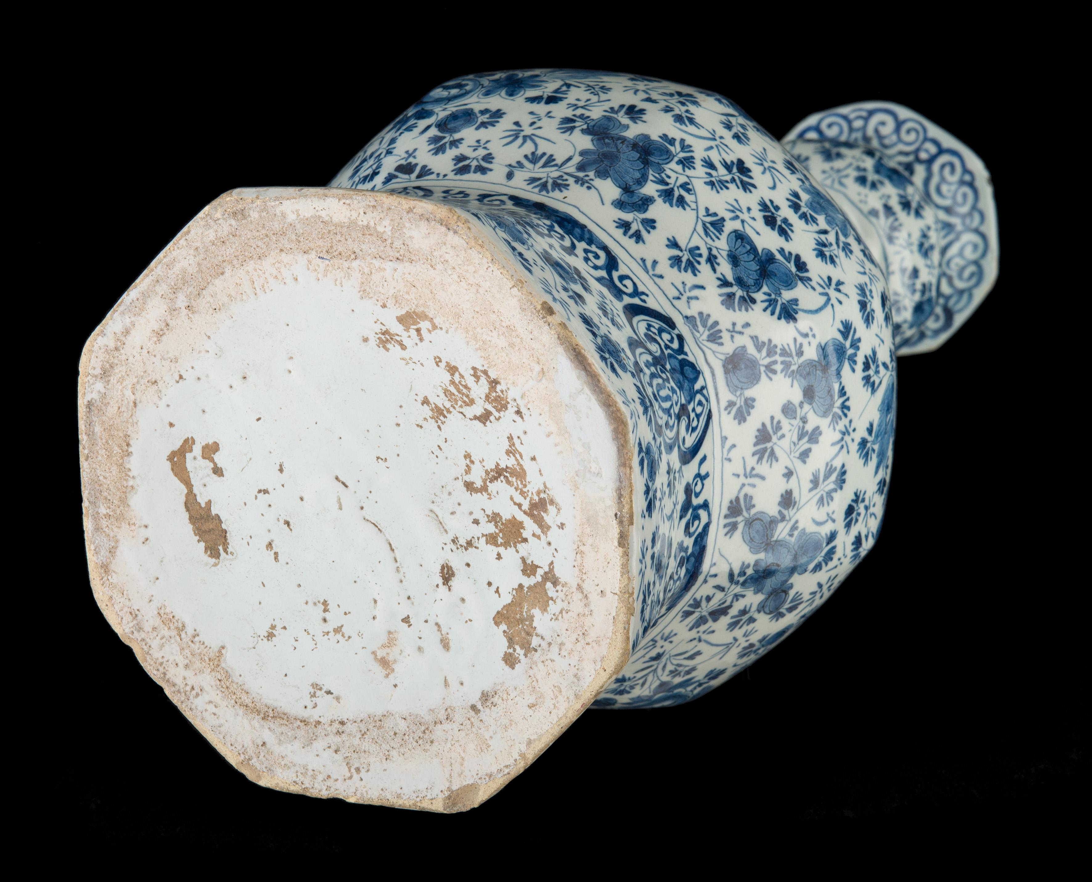 Hand-Painted Delft, Large Blue and White Garlic-Head Bottle Vase, 1700-1720
