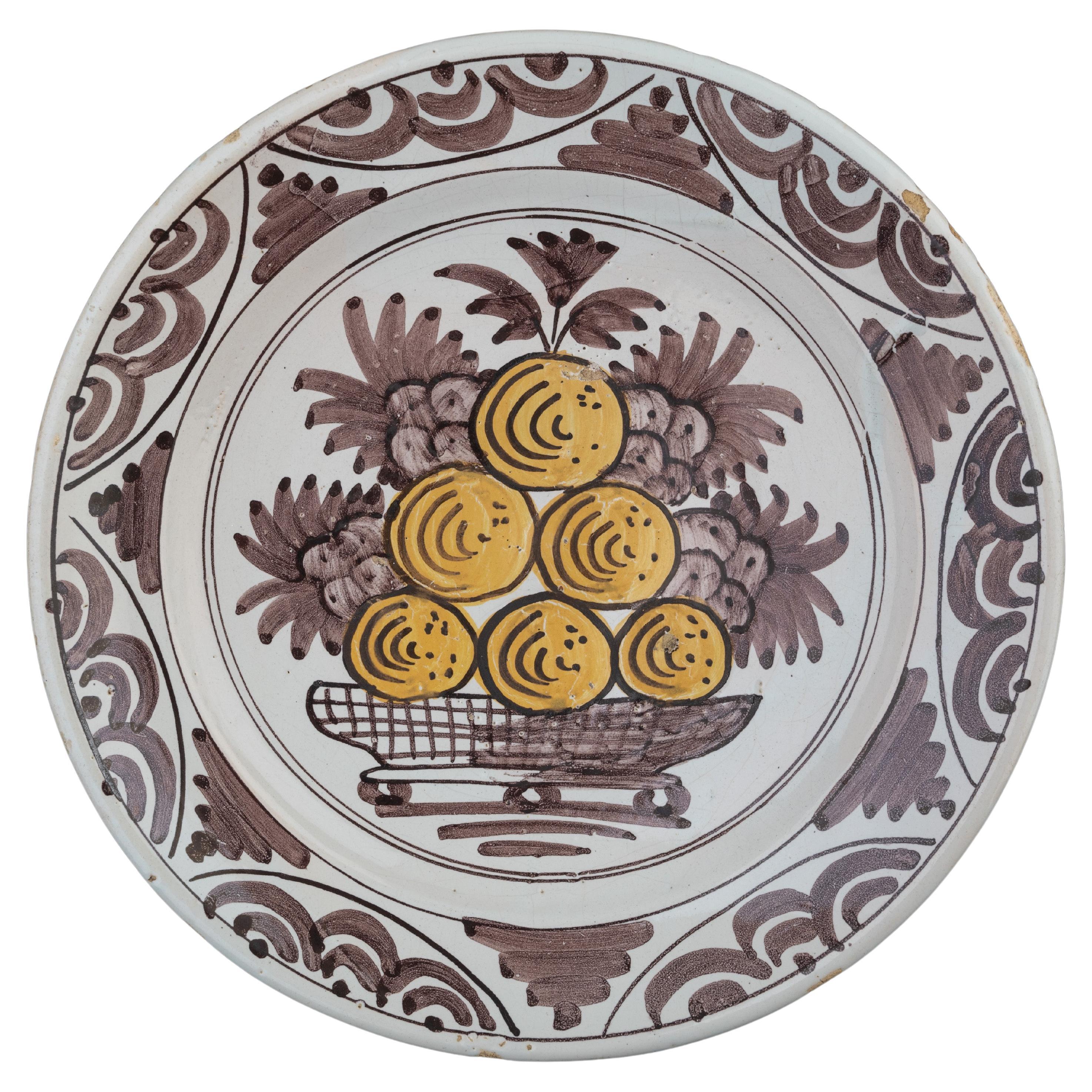 Delft Majolica Dish with Fruit in Purple and Yellow the Netherlands 1660-1700 For Sale