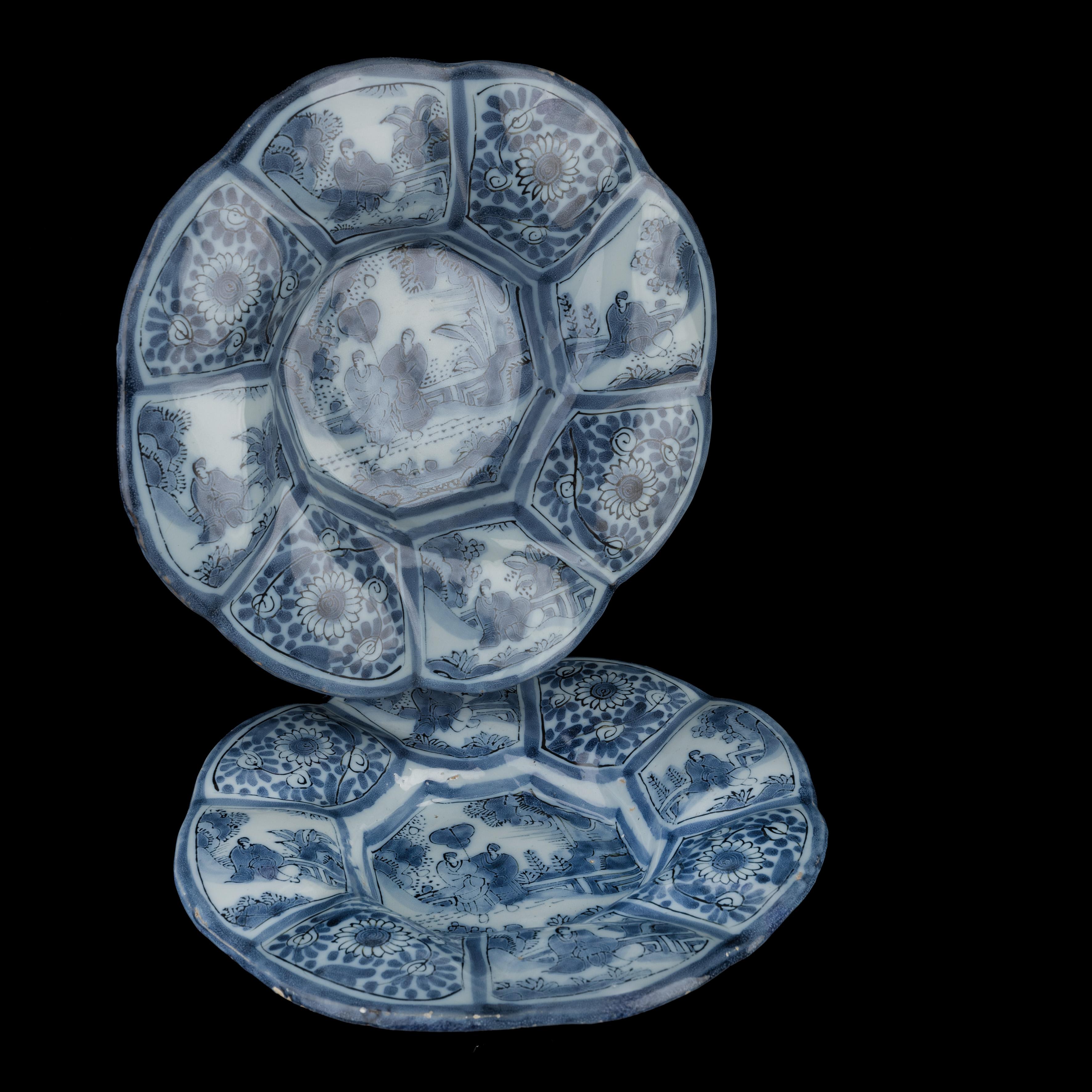 Delft Paar blau-weiße Chinoiserie-Schalen mit Lappen 1680-1700  im Angebot 5