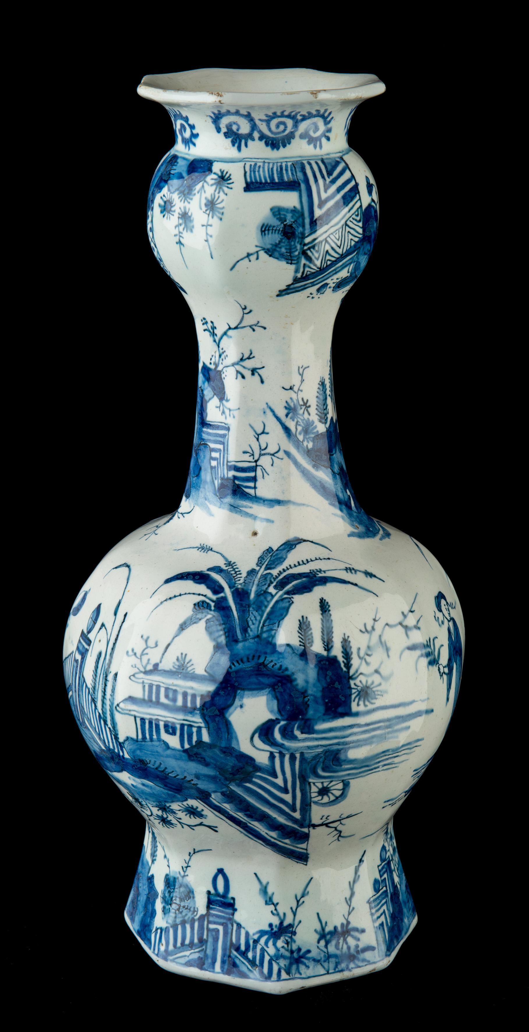 Baroque Delft, Pair of Blue and White Garlic-Head Bottle Vases, circa 1700