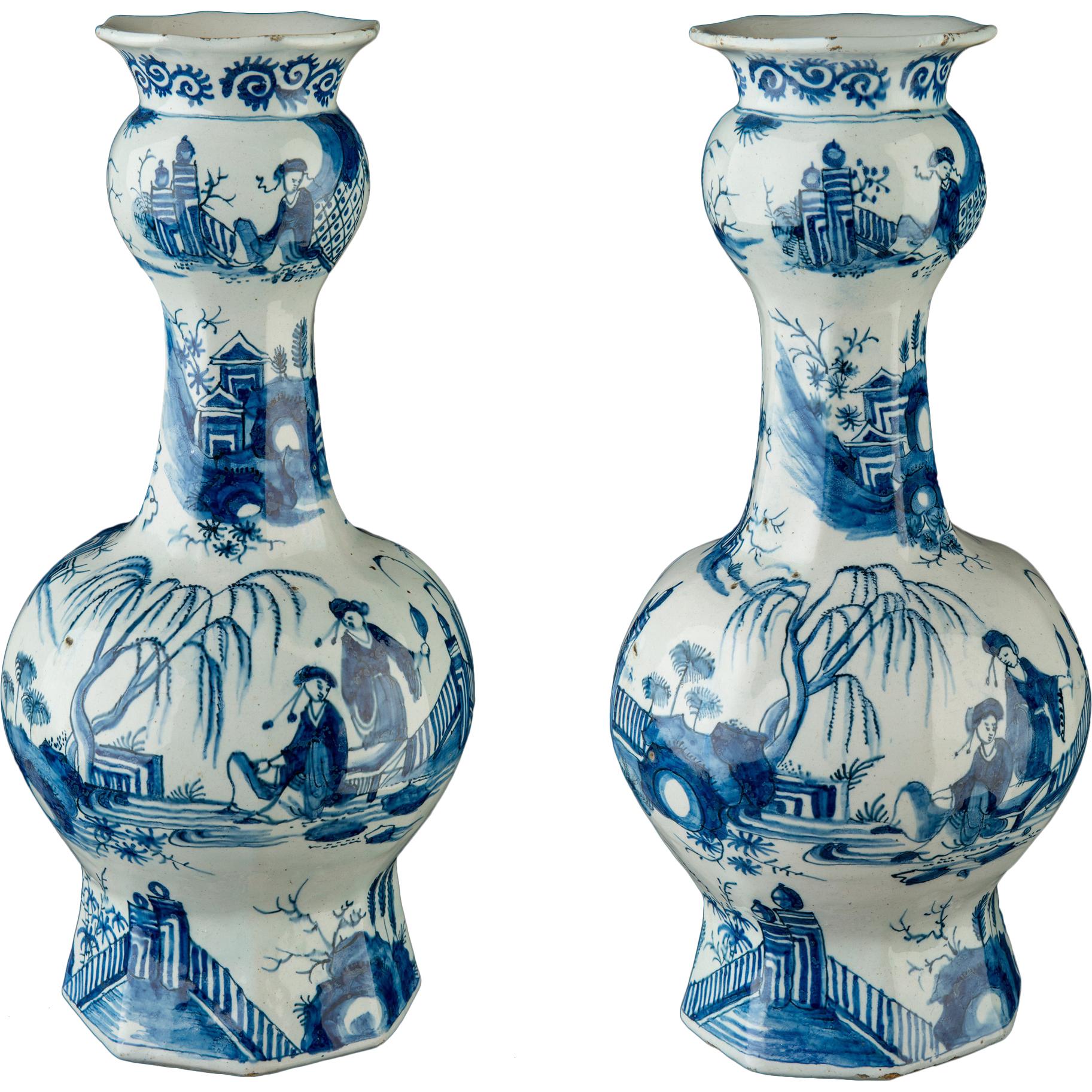 Delft, Pair of Blue and White Garlic-Head Bottle Vases, circa 1700