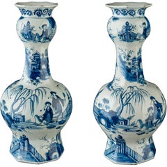 Antique Delft, Pair of Blue and White Garlic-Head Bottle Vases, circa 1700