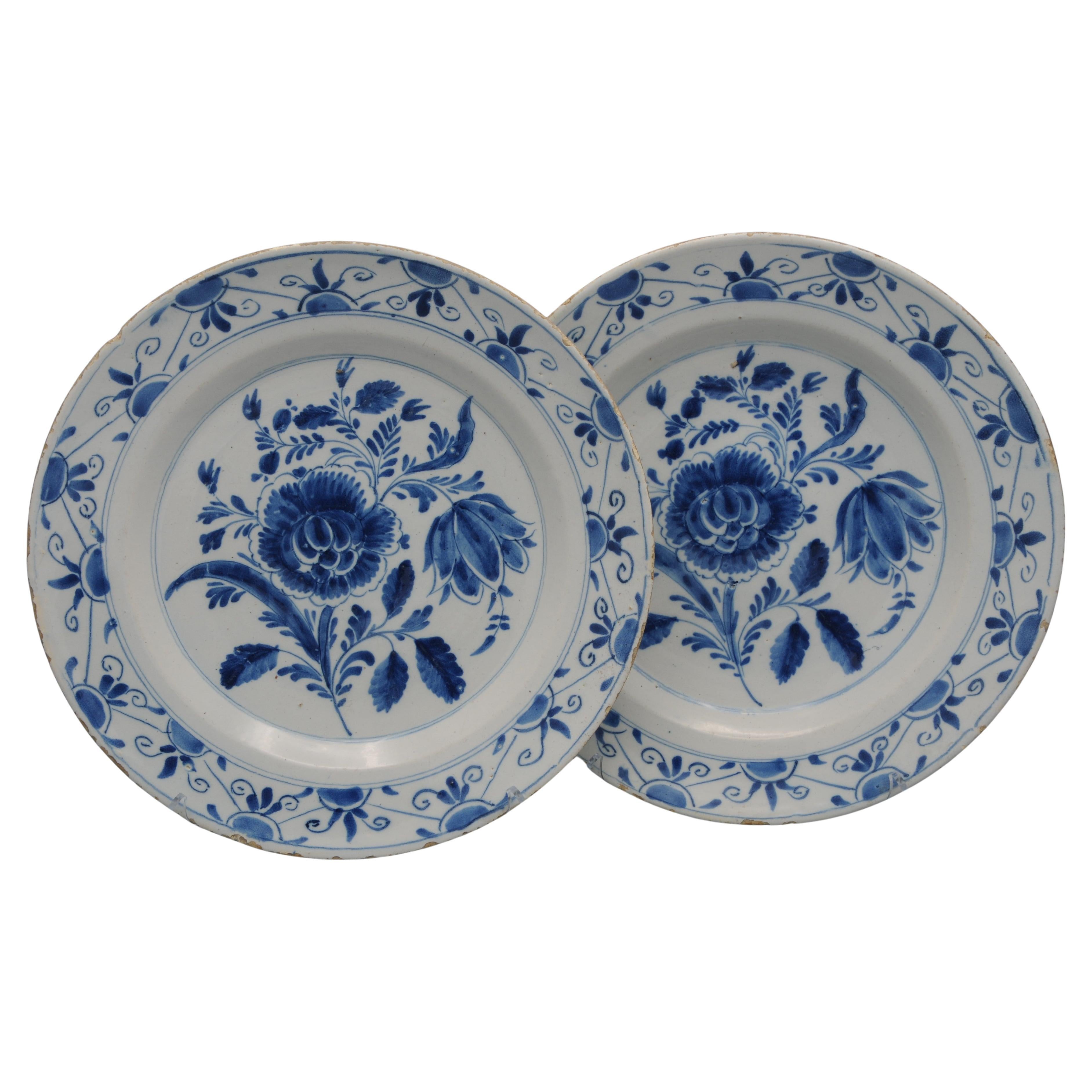 Delft - Pareja de fuentes florales azules de Delfware - Siglo XVIII