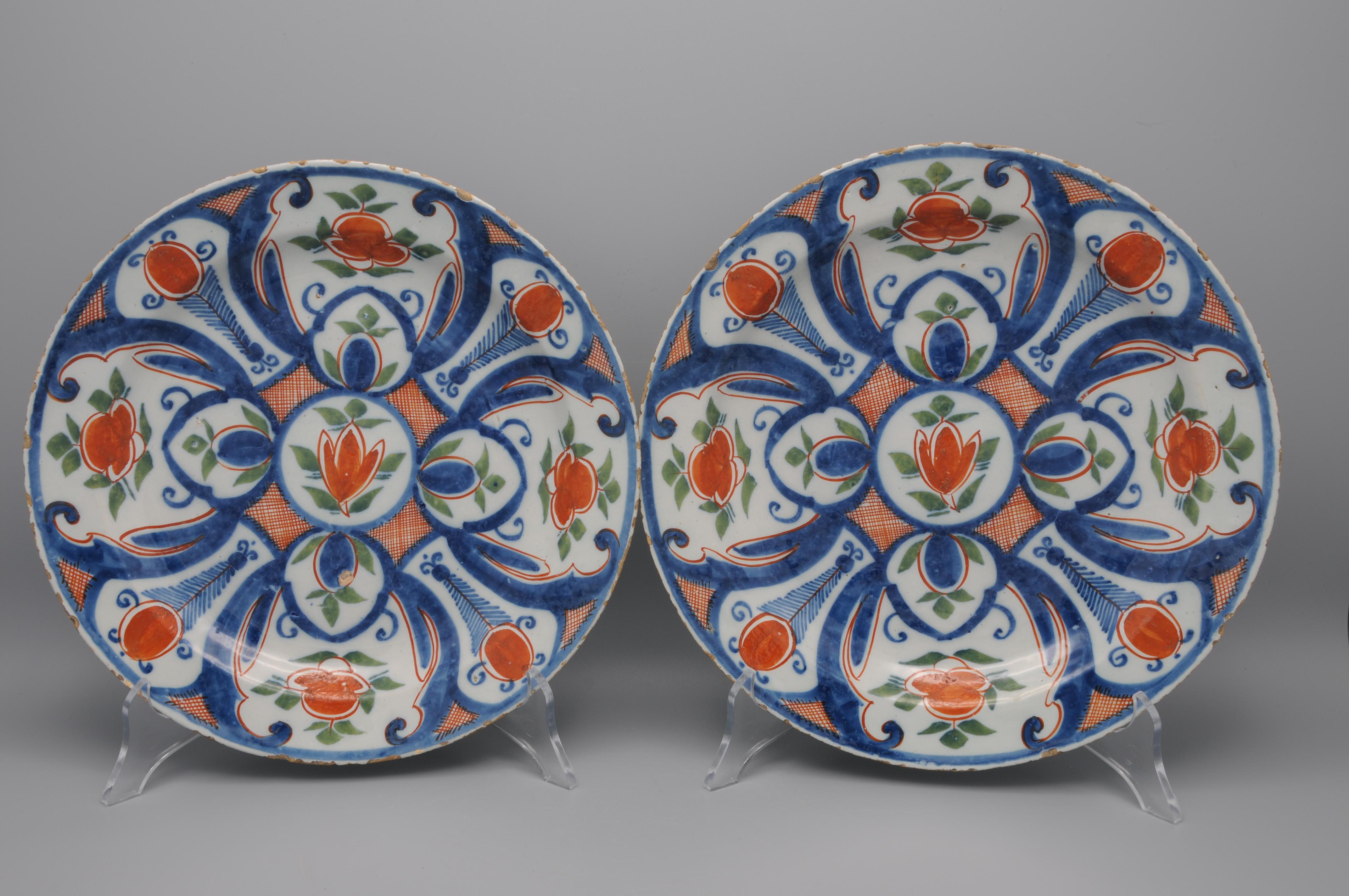 Delft - Pareja de platos azules, verdes y naranjas de 