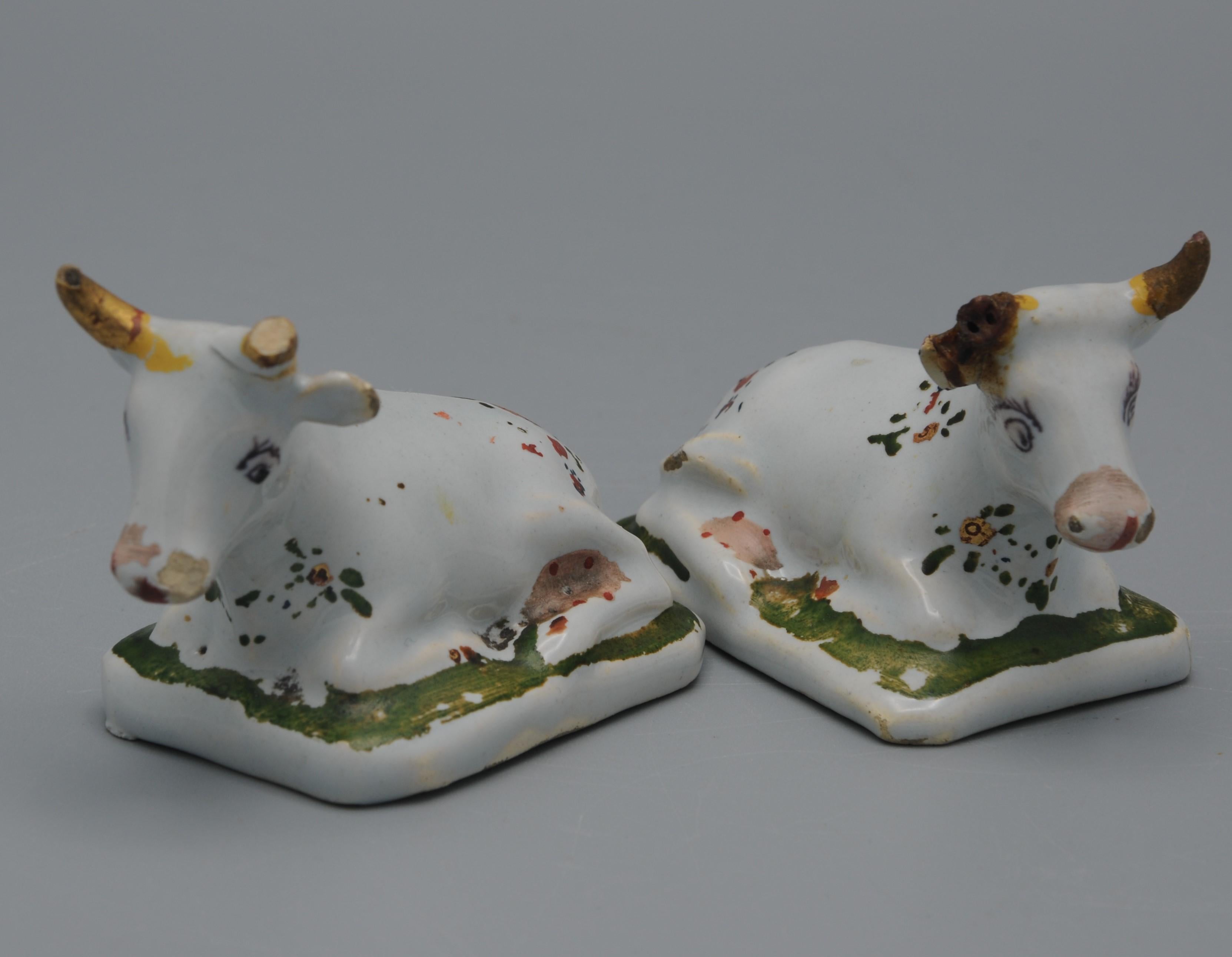 18th Century Delft - Pair of Miniature Cow Figurines