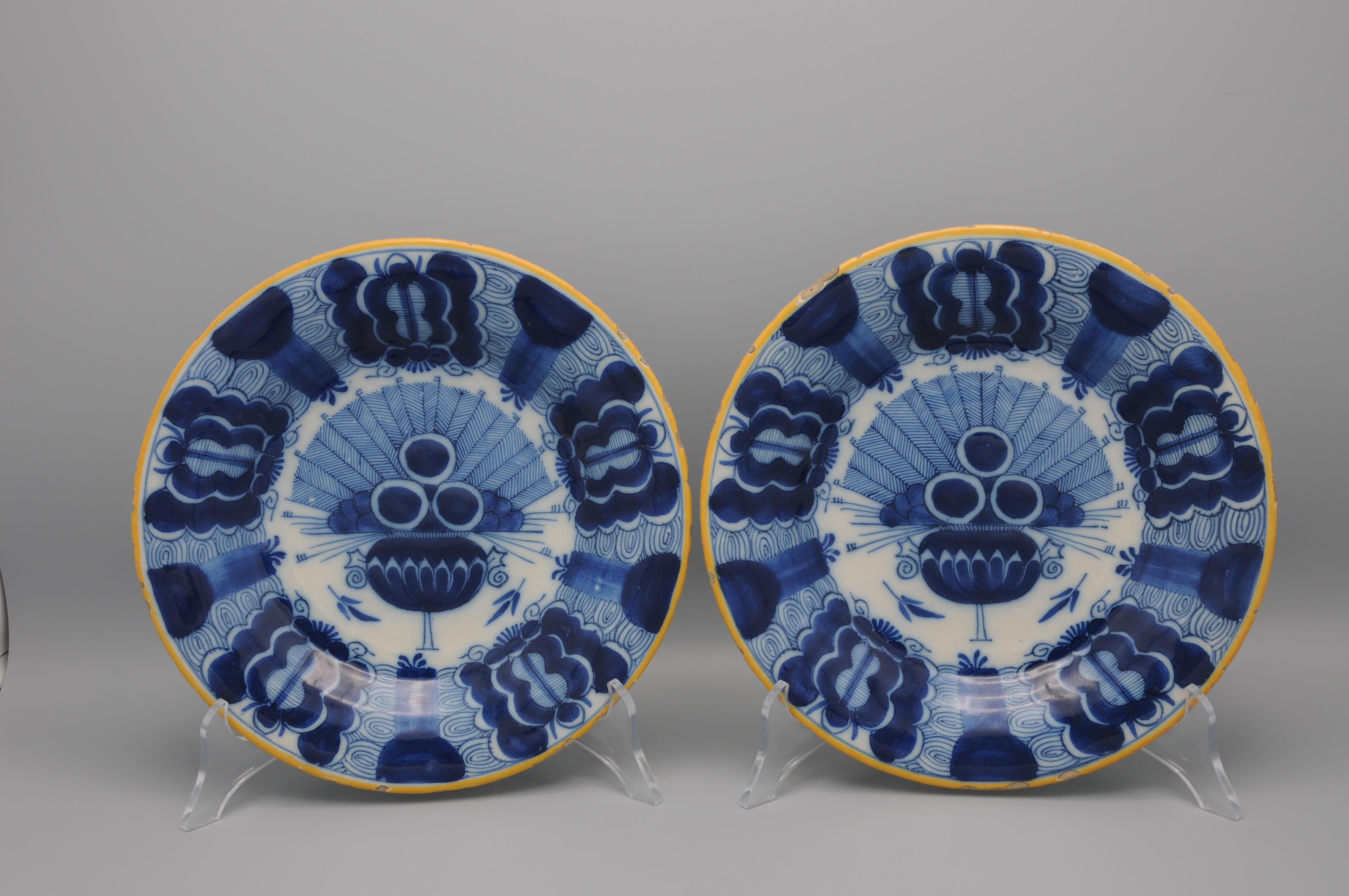 Glazed Delft pair of 'Peacock' plates by 'De Blompot' - second half 18th century For Sale