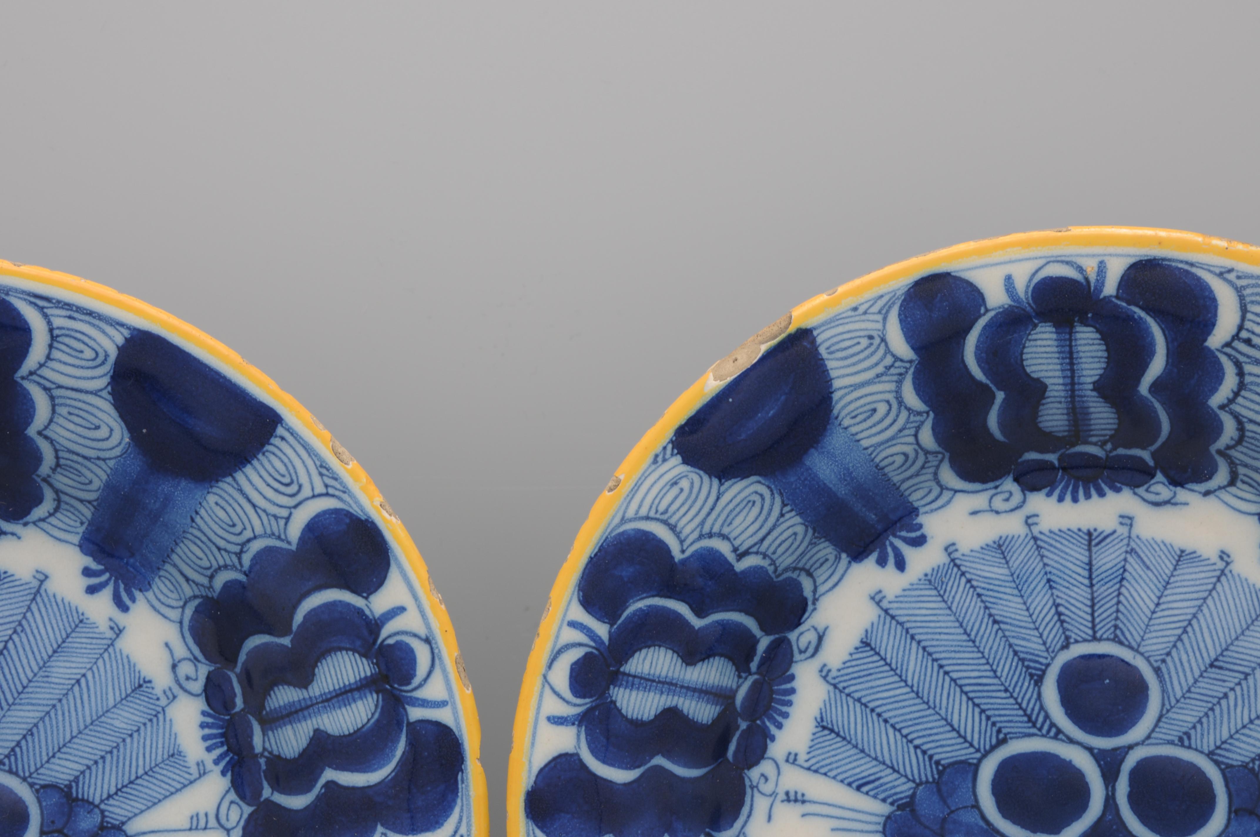 Delft pair of 'Peacock' plates by 'De Blompot' - second half 18th century In Good Condition For Sale In DELFT, NL