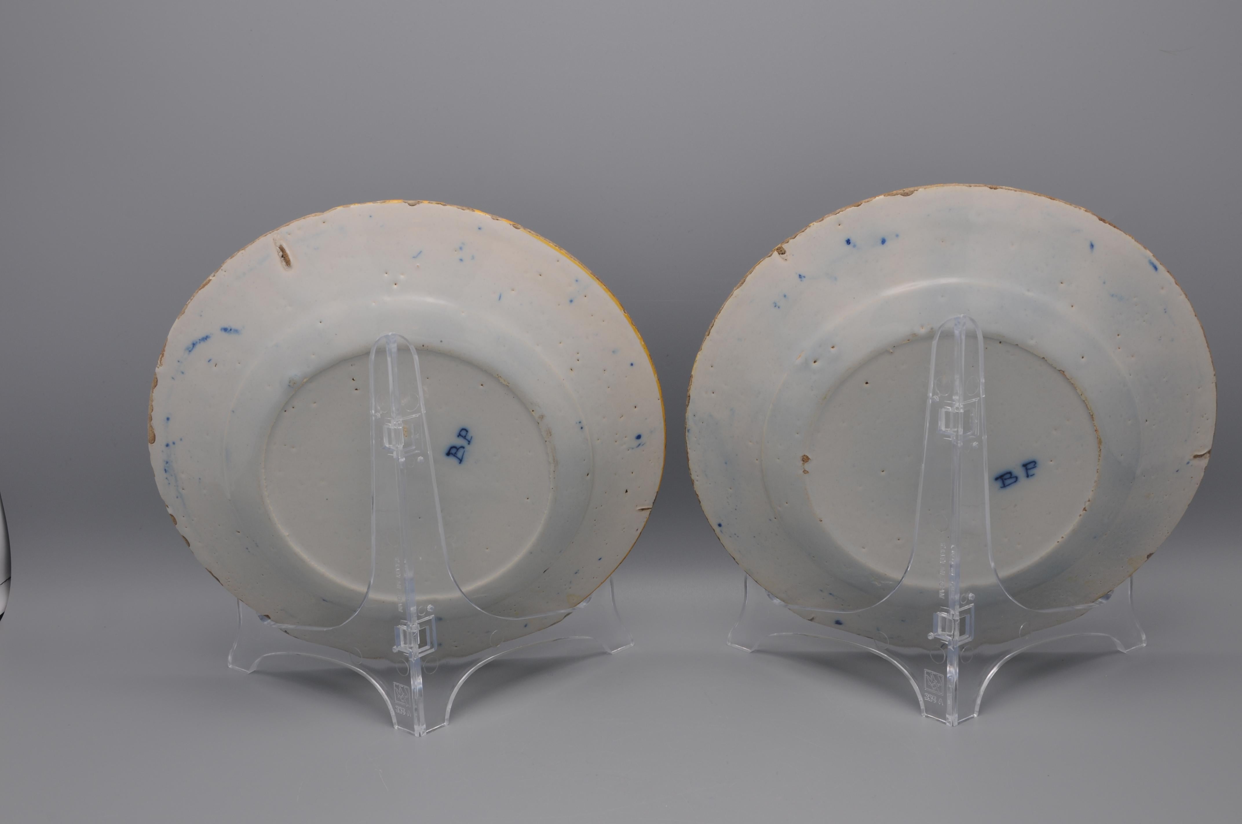 Delft pair of 'Peacock' plates by 'De Blompot' - second half 18th century For Sale 1