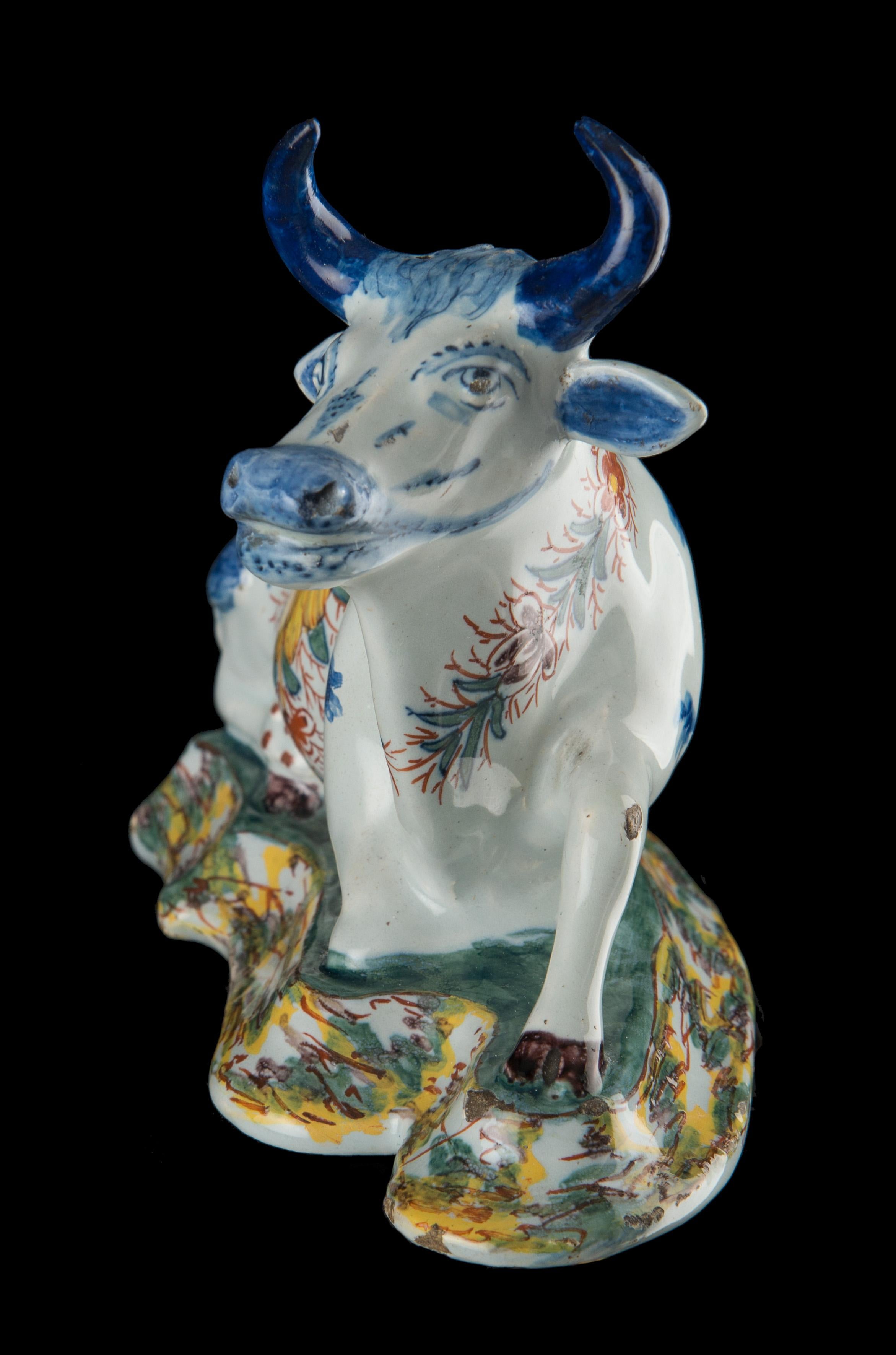 Delft, Pair of Polychrome Reclining Cows, Marked, C 1760 1