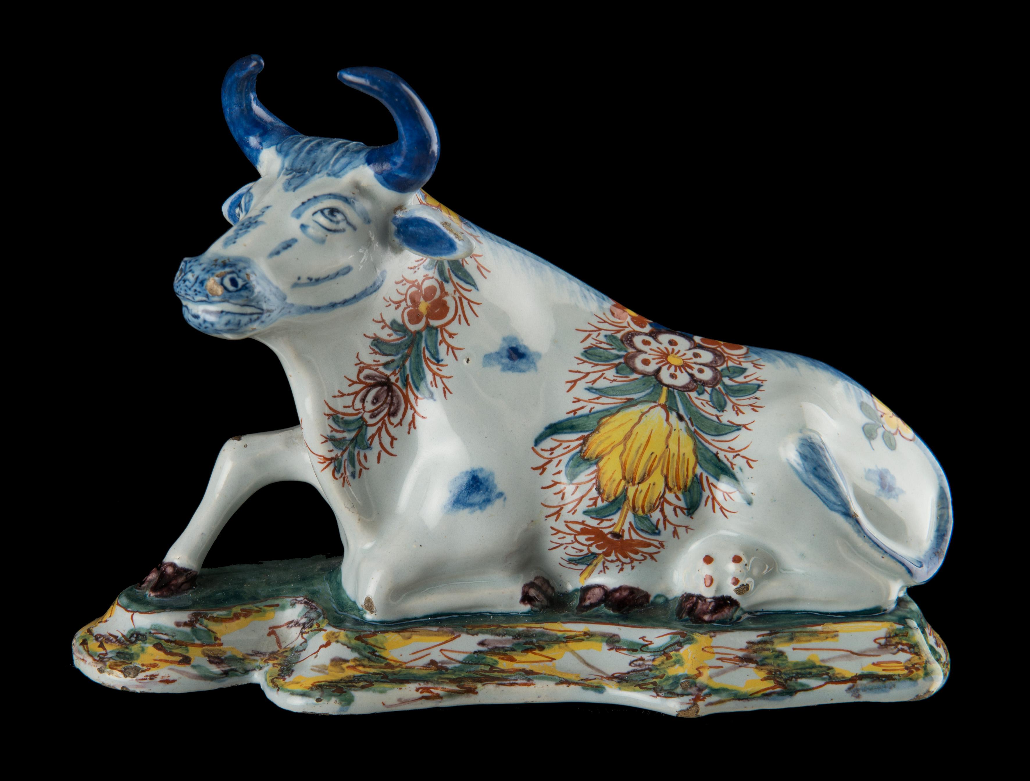 Baroque Delft, Pair of Polychrome Reclining Cows, Marked, C 1760