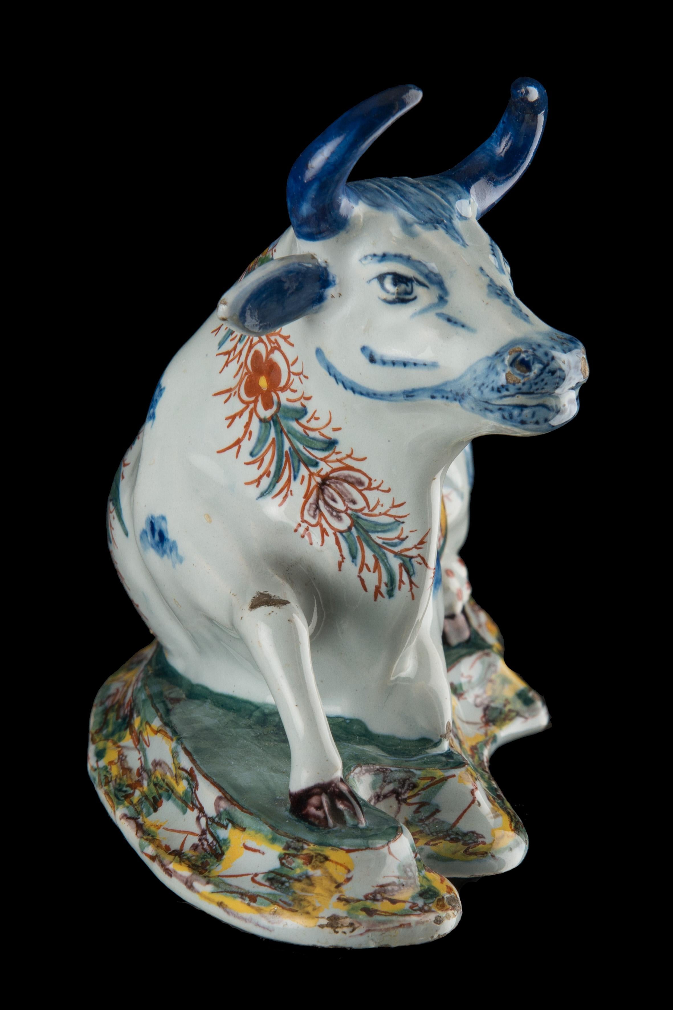 Dutch Delft, Pair of Polychrome Reclining Cows, Marked, C 1760