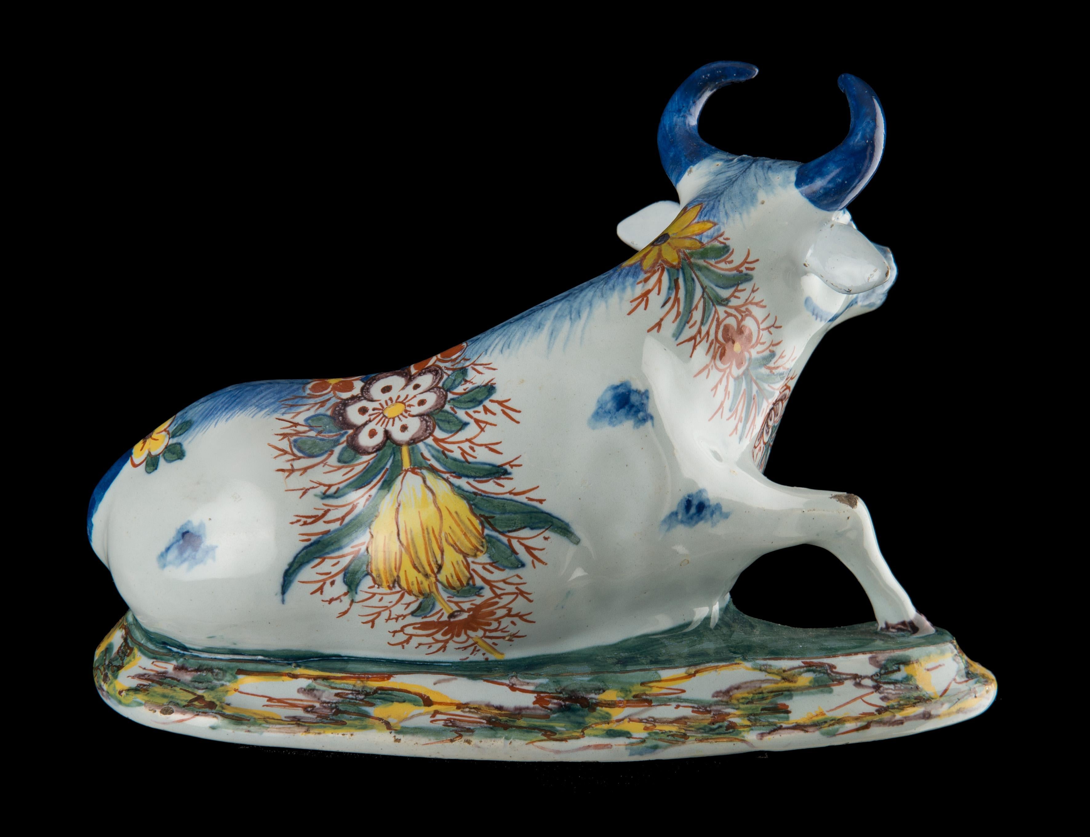 Hand-Painted Delft, Pair of Polychrome Reclining Cows, Marked, C 1760