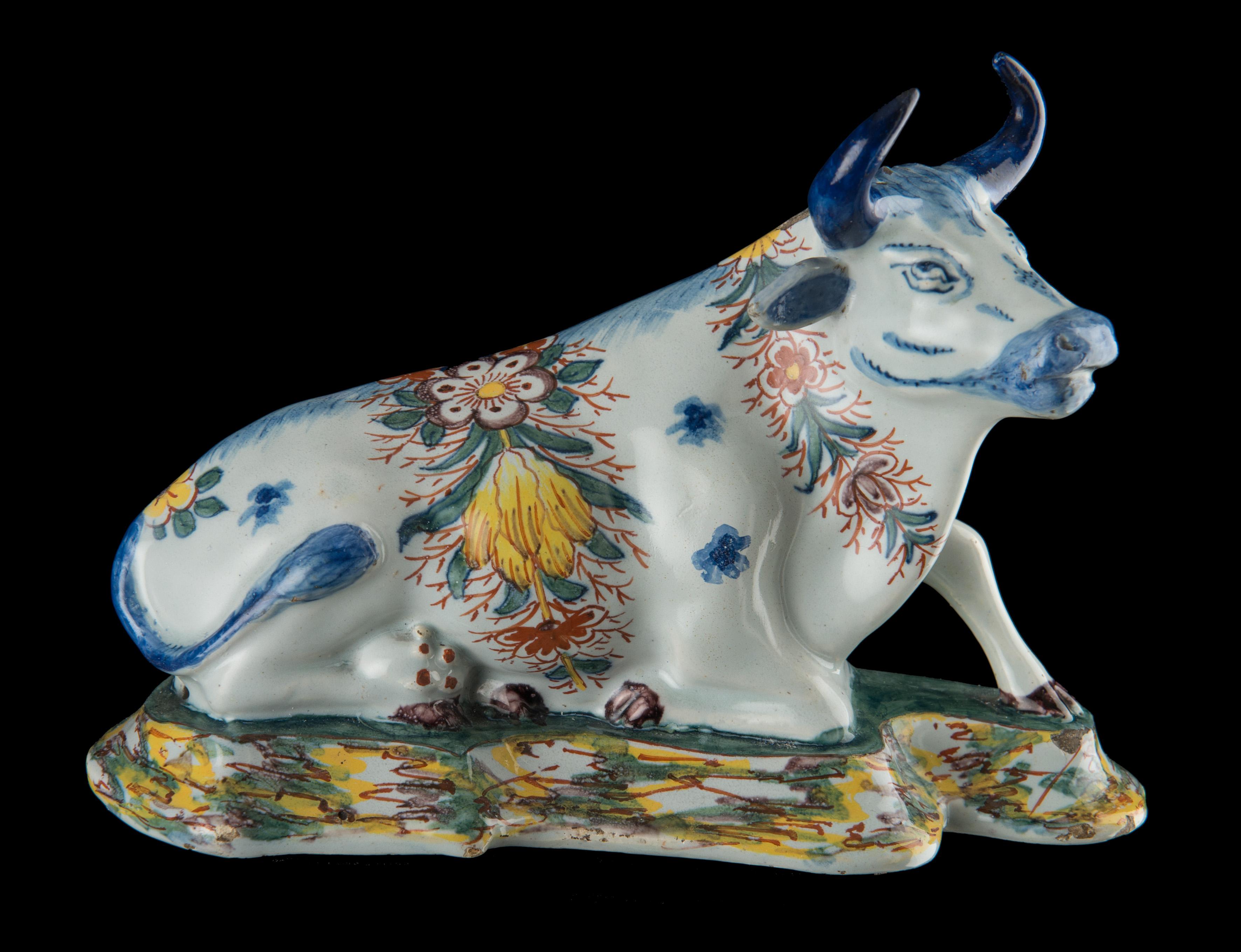 Ceramic Delft, Pair of Polychrome Reclining Cows, Marked, C 1760