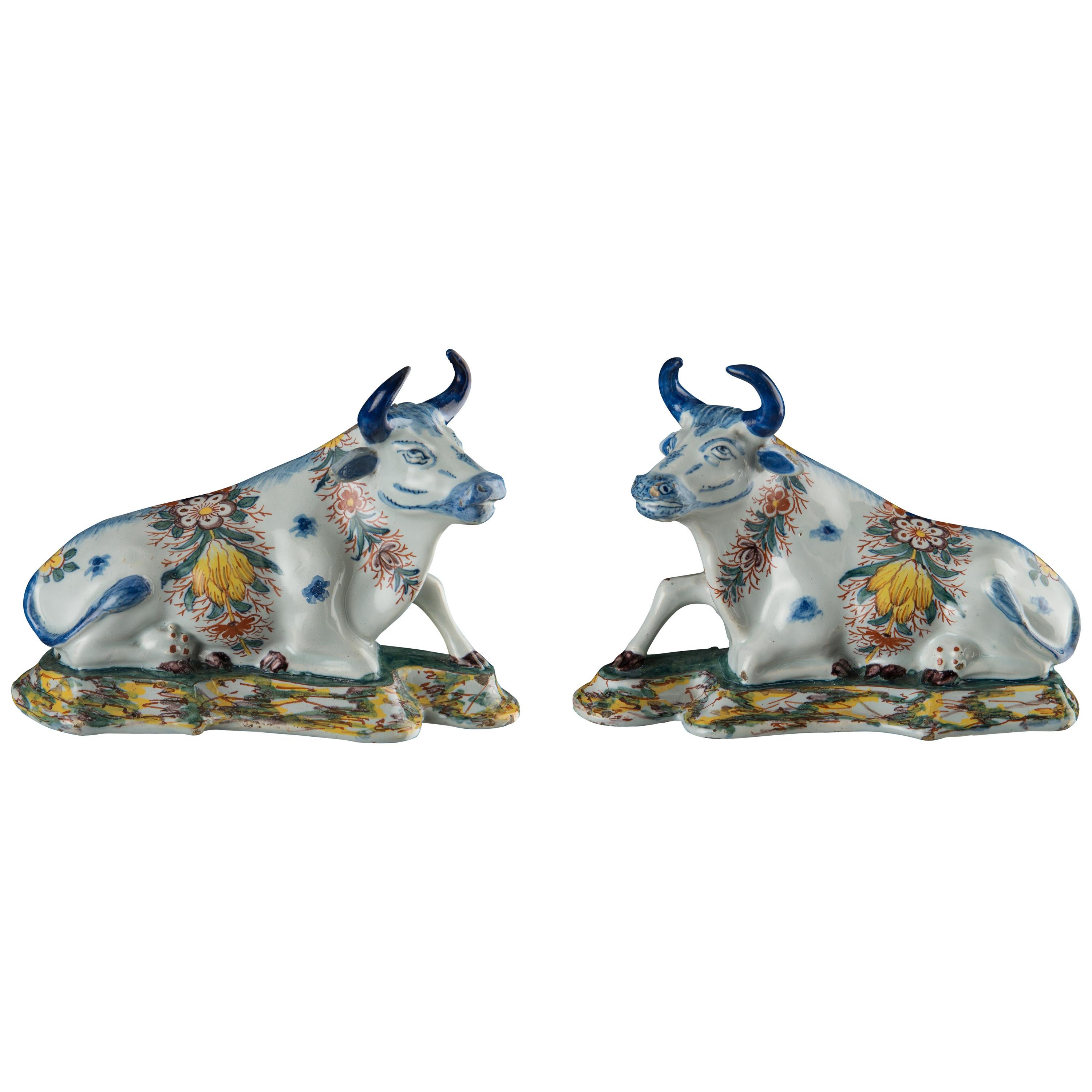 Delft, Pair of Polychrome Reclining Cows, Marked, C 1760