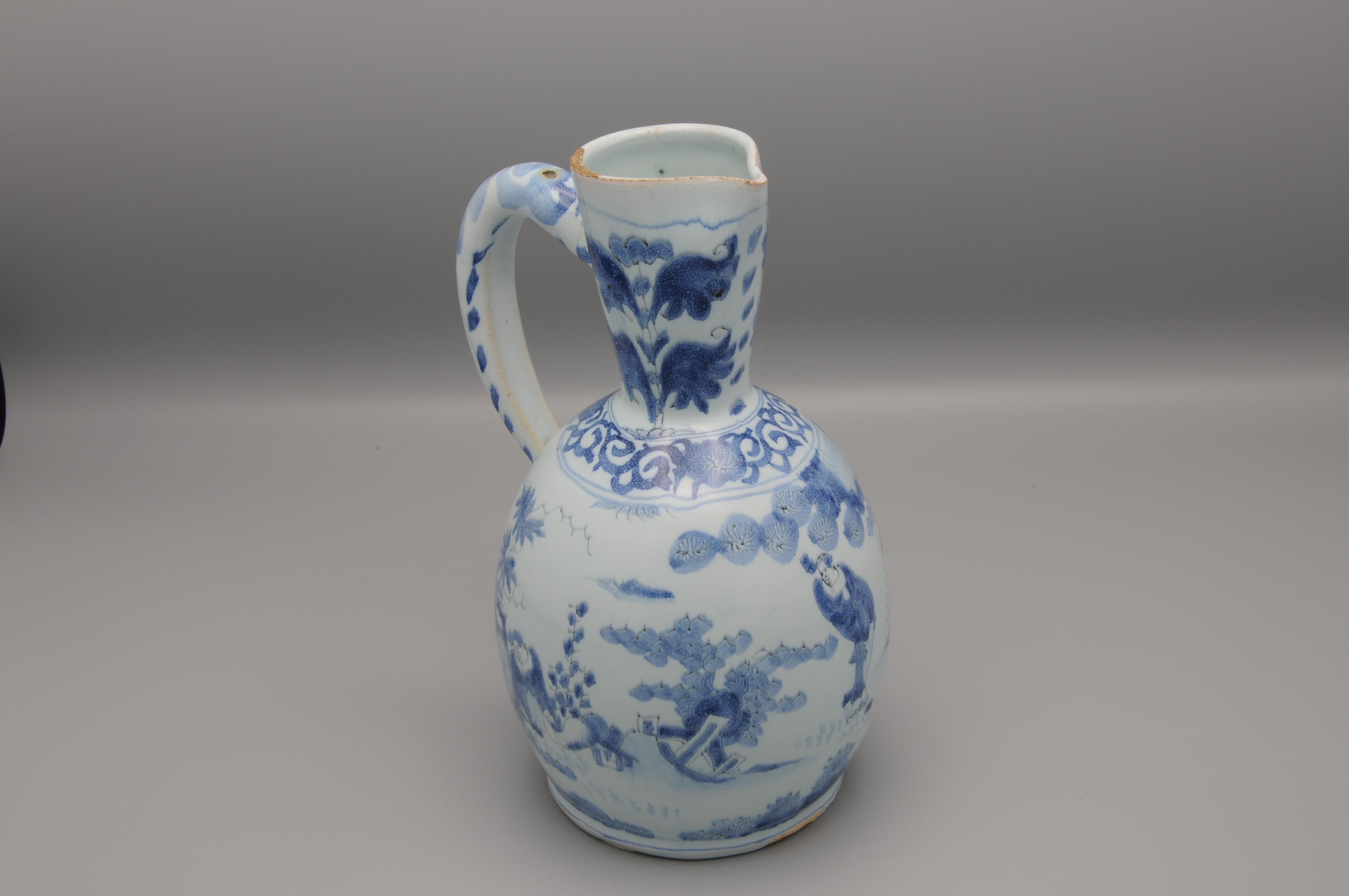 Glazed Delft Pitcher 'Chinoiserie' decor, late 17th century For Sale