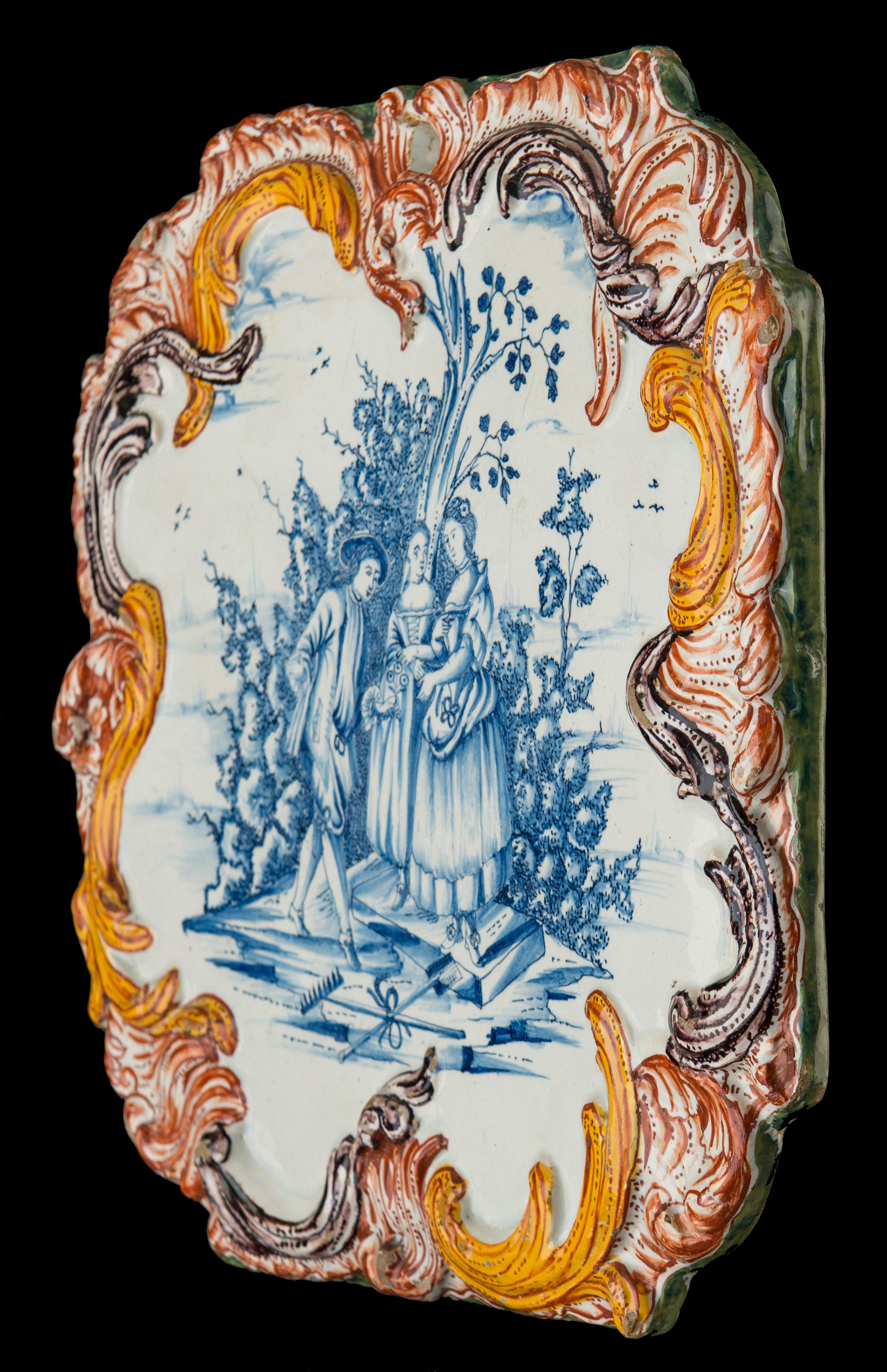 Niederländische holländische Delfter Keramikplakette mit Höflichkeitssszene, um 1760 (Handbemalt) im Angebot