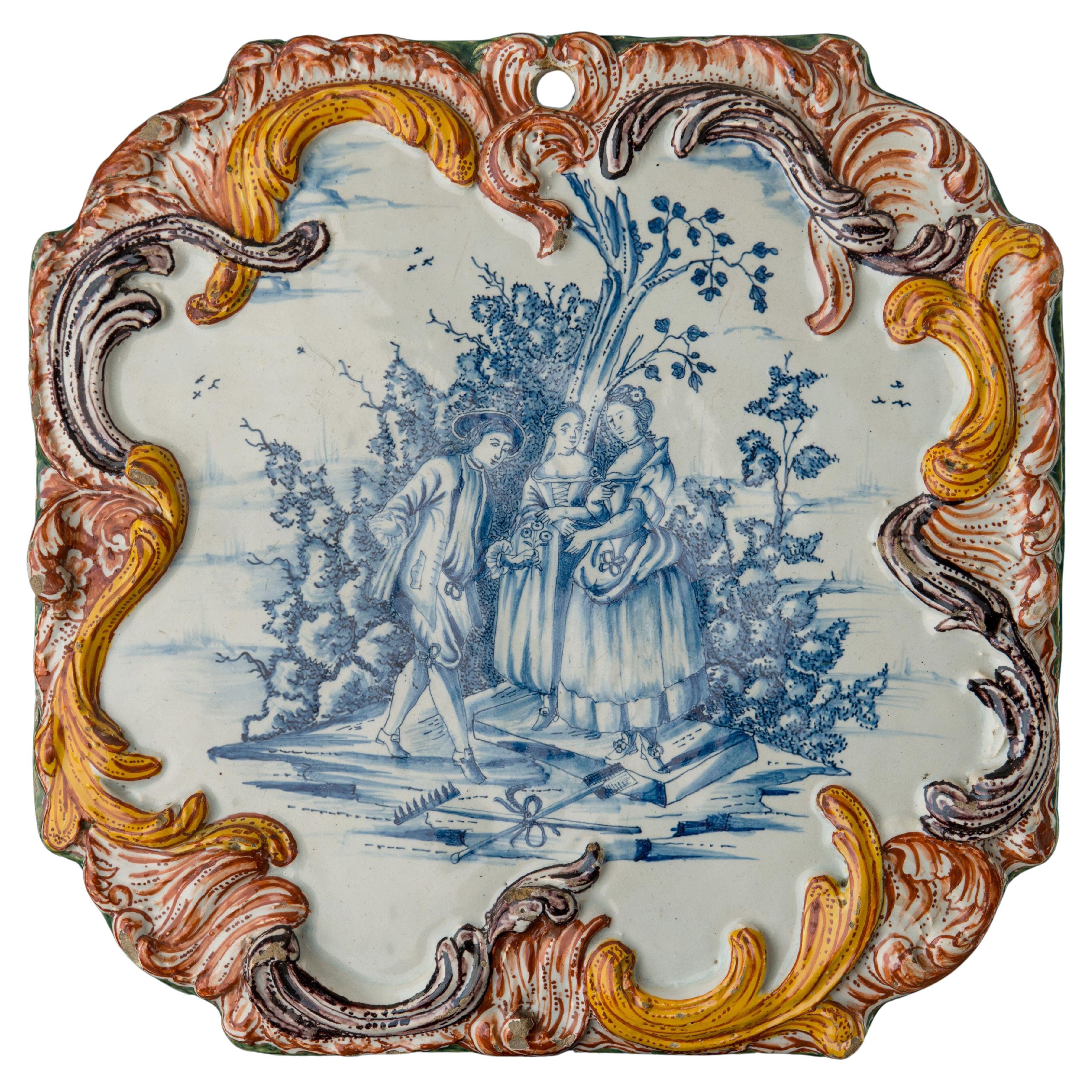 Dutch Delft, ceramic Plaque with a Courteous Scene, circa 1760 For Sale