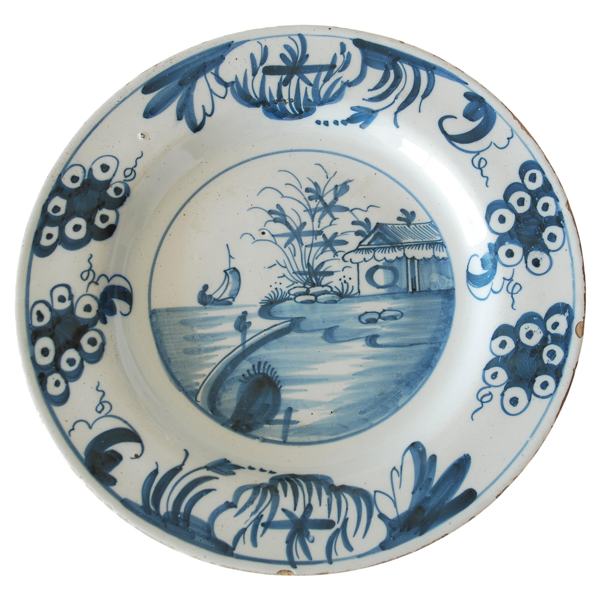 Delft plate - Ship in sail off the coast. Glasgow C1760 For Sale