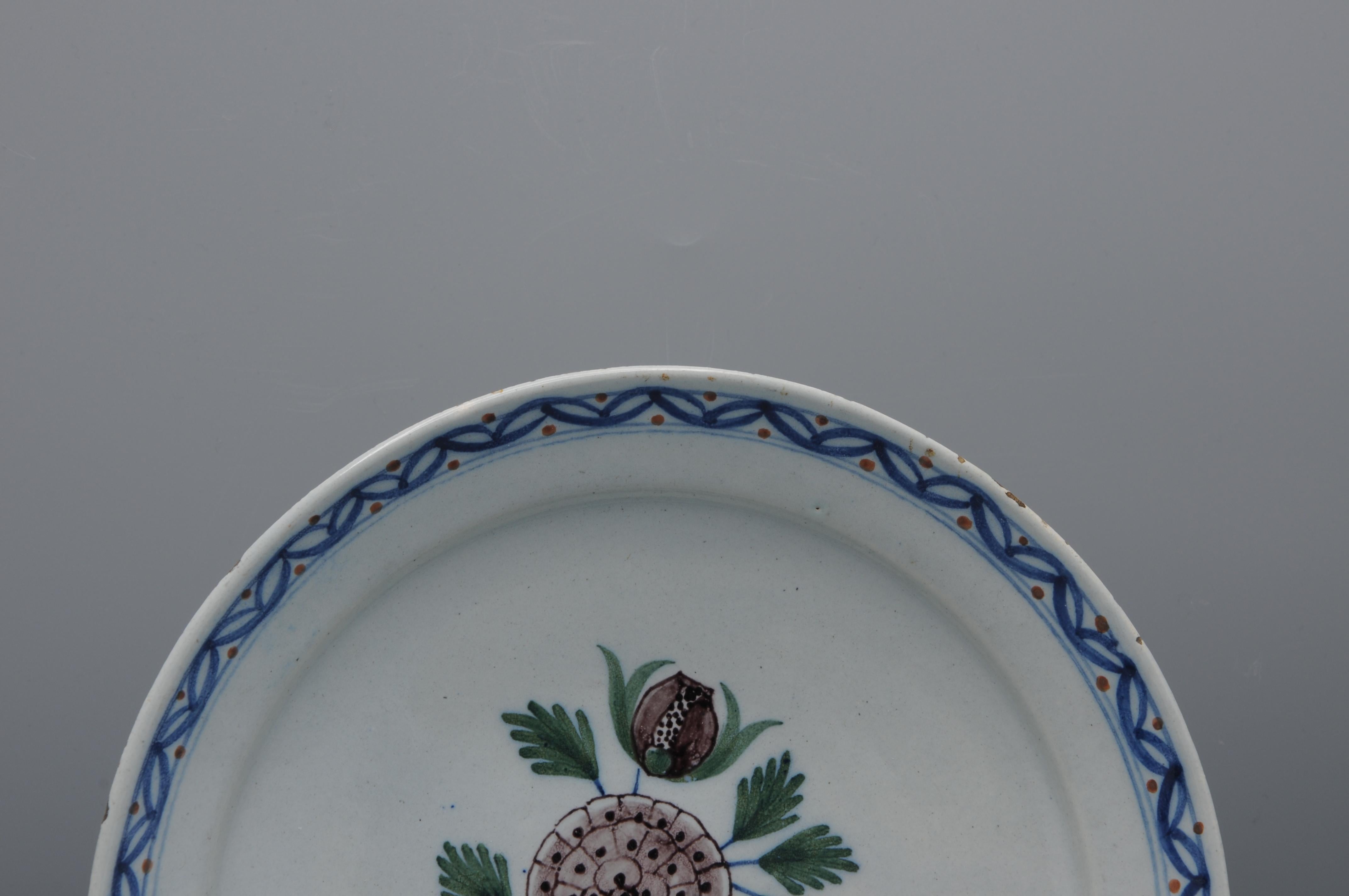 Glazed Delft, Plate with manganese rose - 18th century For Sale