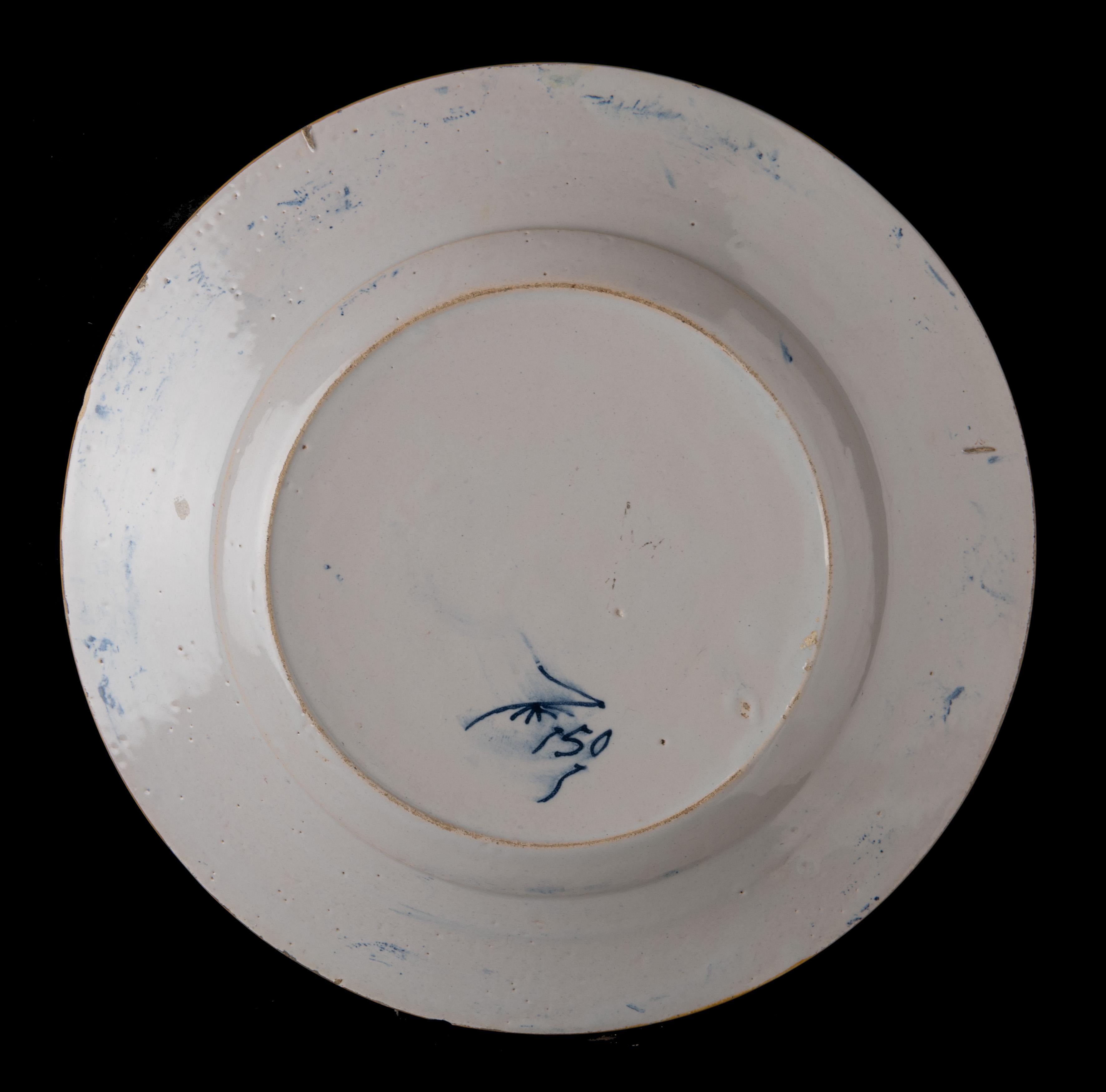 Set von 4 Delfter Tellern und Geschirr, handbemalt mit „Peacock“-Muster 1750-1800 (Keramik) im Angebot