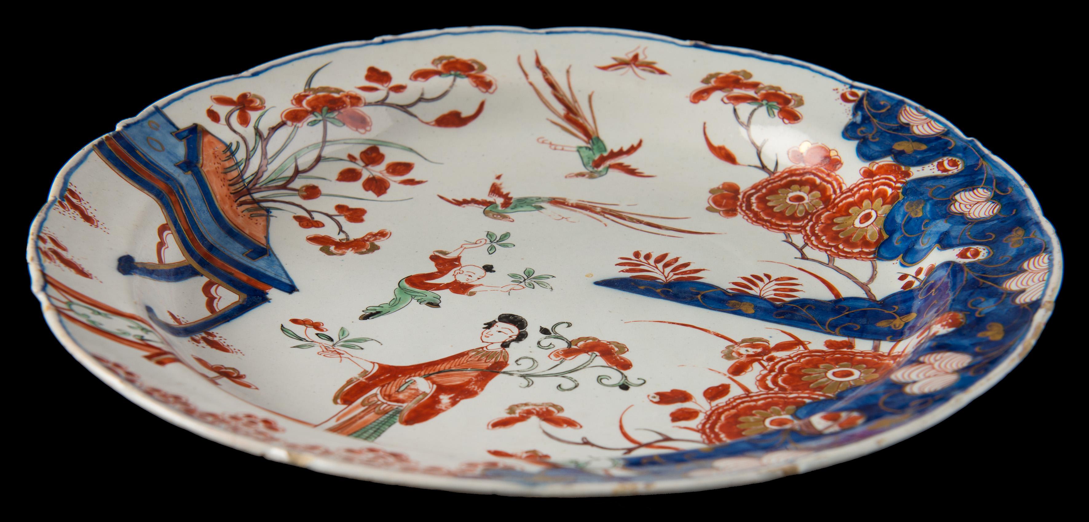 Dutch Delft, Polychrome and Gilded Chinoiserie Plate the Greek A Pottery 1701-1722 For Sale