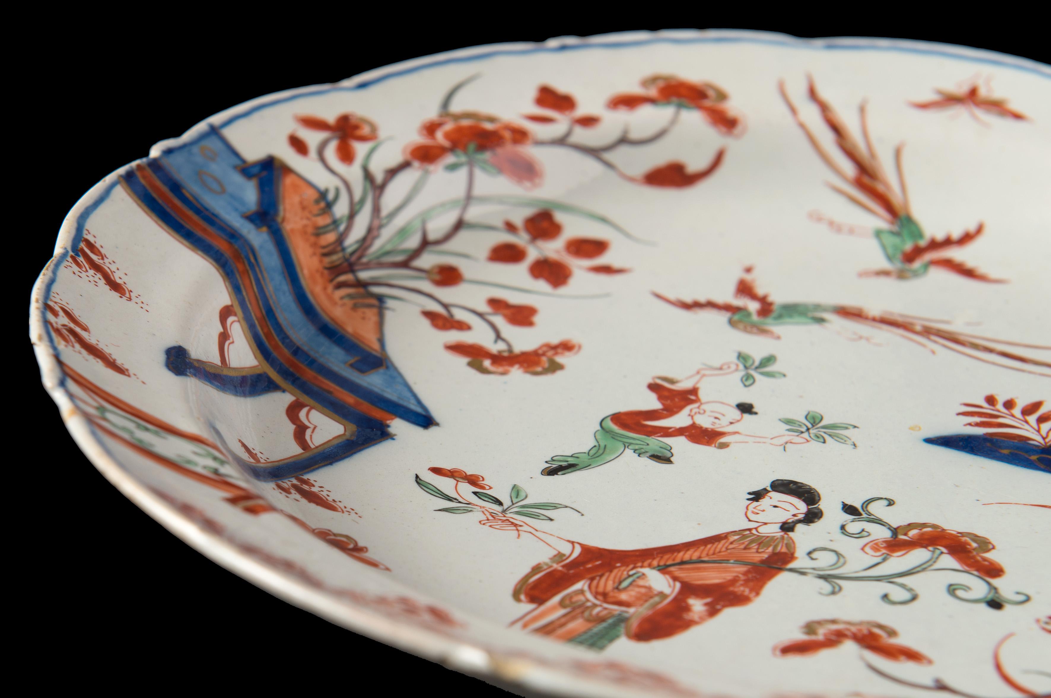 Hand-Painted Delft, Polychrome and Gilded Chinoiserie Plate the Greek A Pottery 1701-1722 For Sale