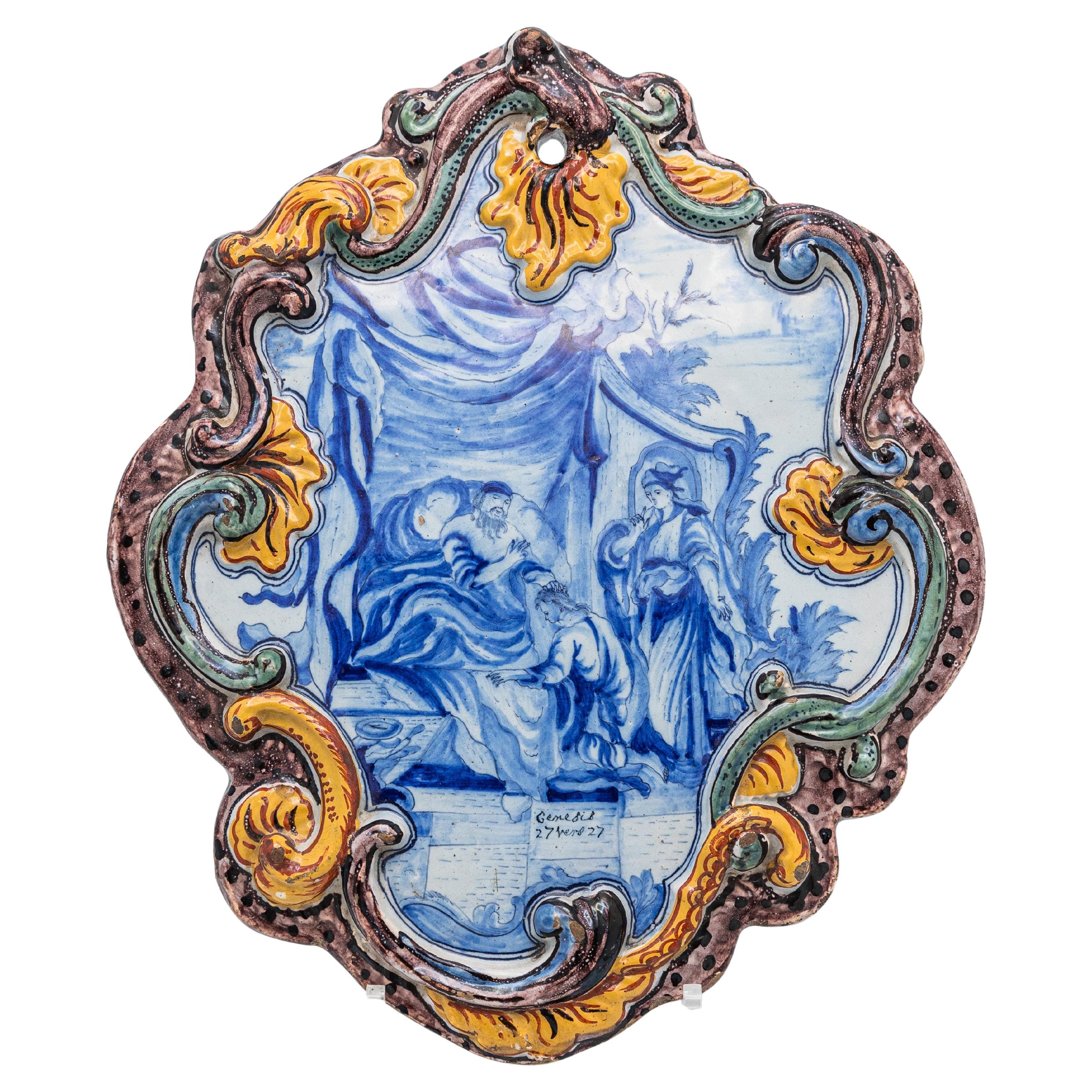 Delft - Polychrome Cartouche Shaped Plaque with Biblical scene, mid 18th century For Sale
