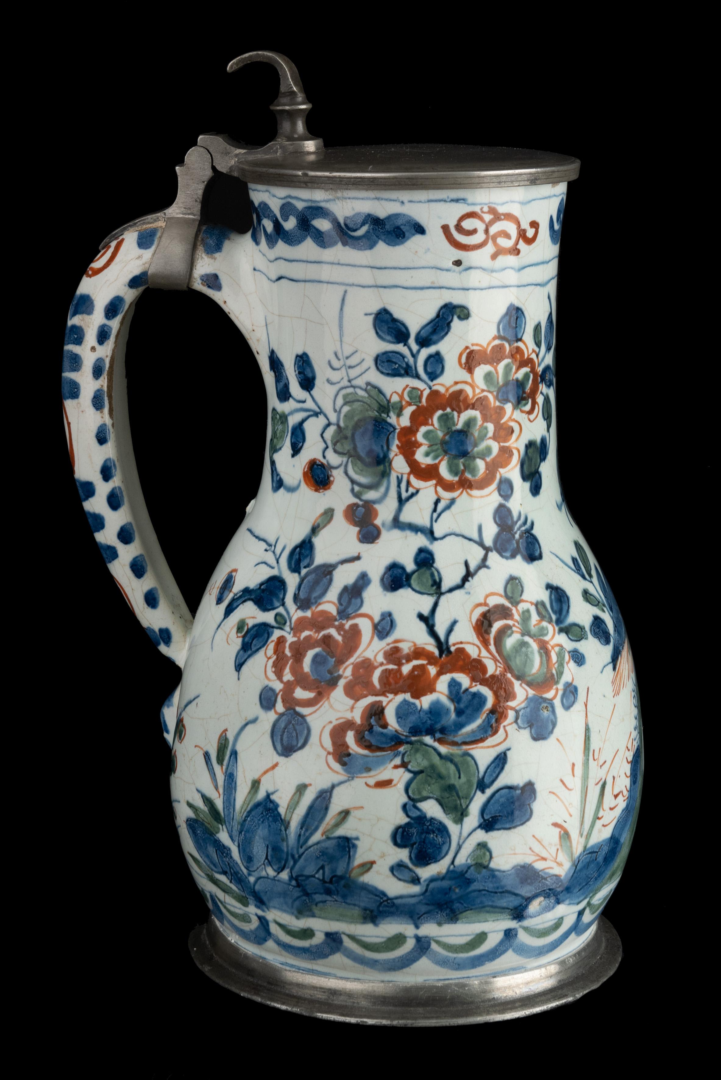 Glazed Delft, Polychrome cashmere beer mug with pewter lid 1700-1710 For Sale