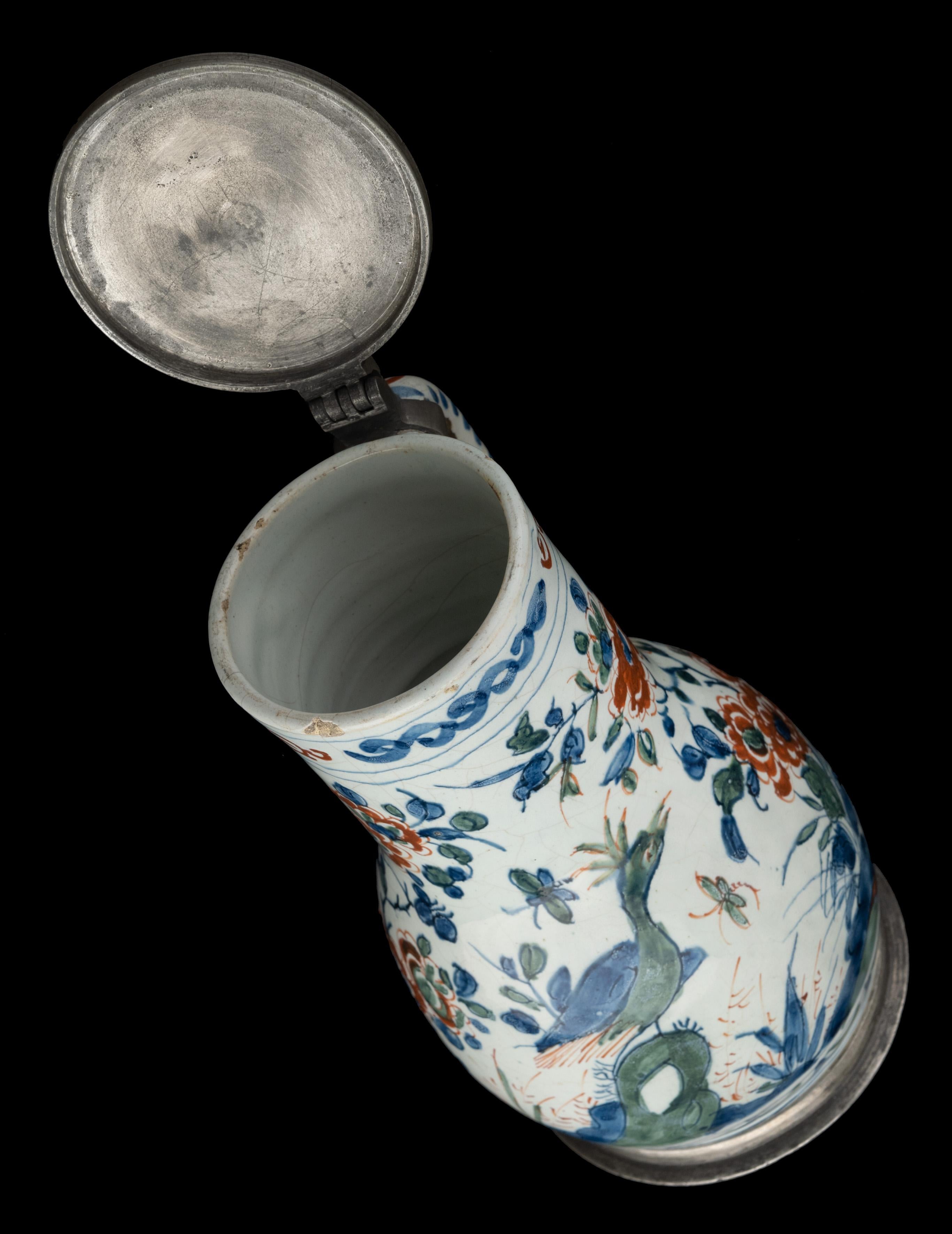 Ceramic Delft, Polychrome cashmere beer mug with pewter lid 1700-1710 For Sale