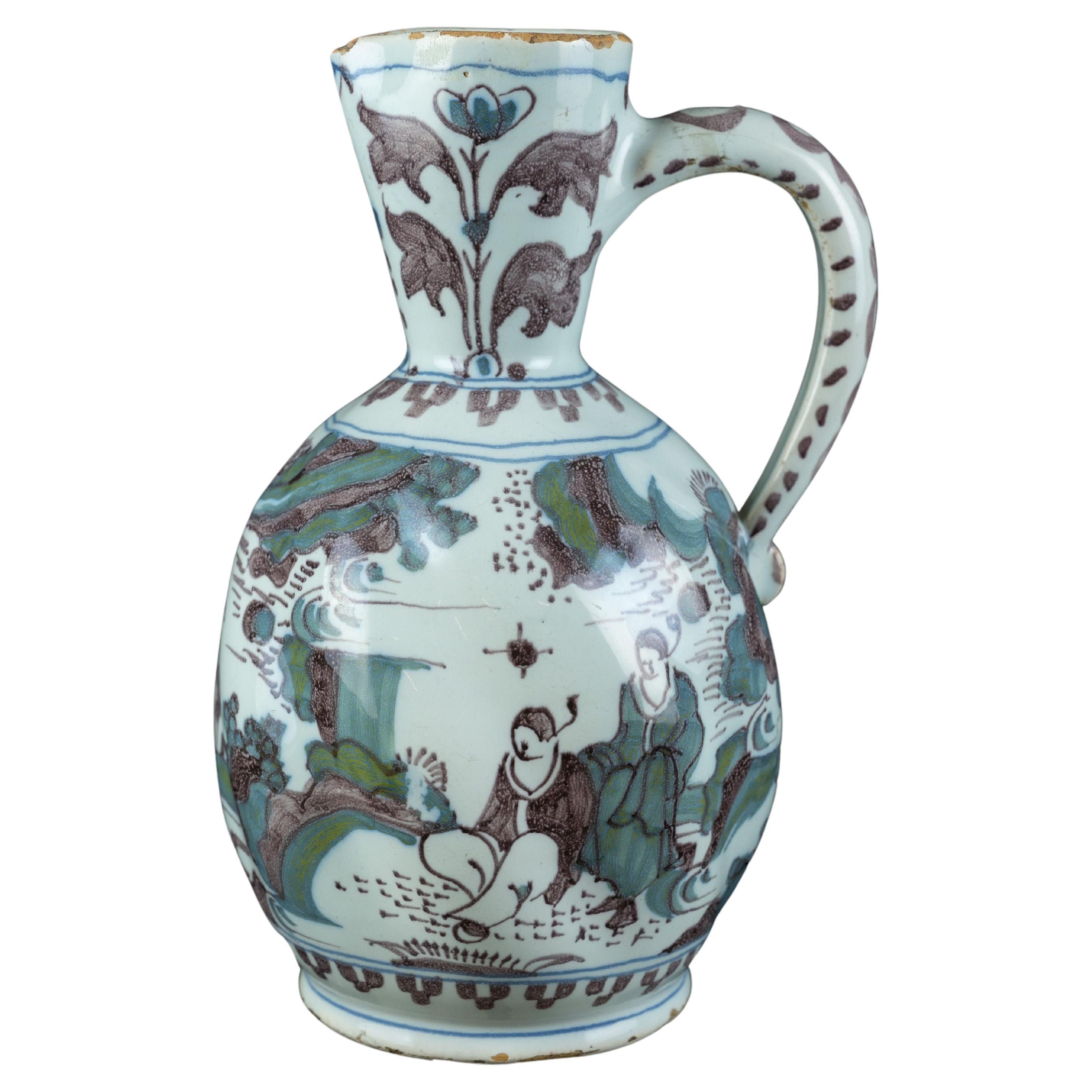 Delft, polychrome chinoiserie wine jug with a turned body circa 1680 For Sale