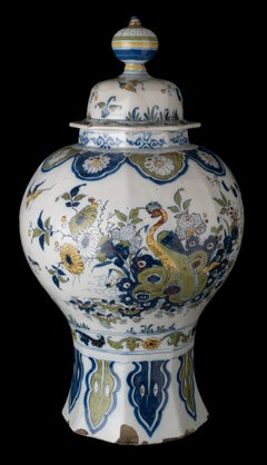 Delft Polychrome Covered Jar with Peacock and Dragon in Landscape, 1690-1700
