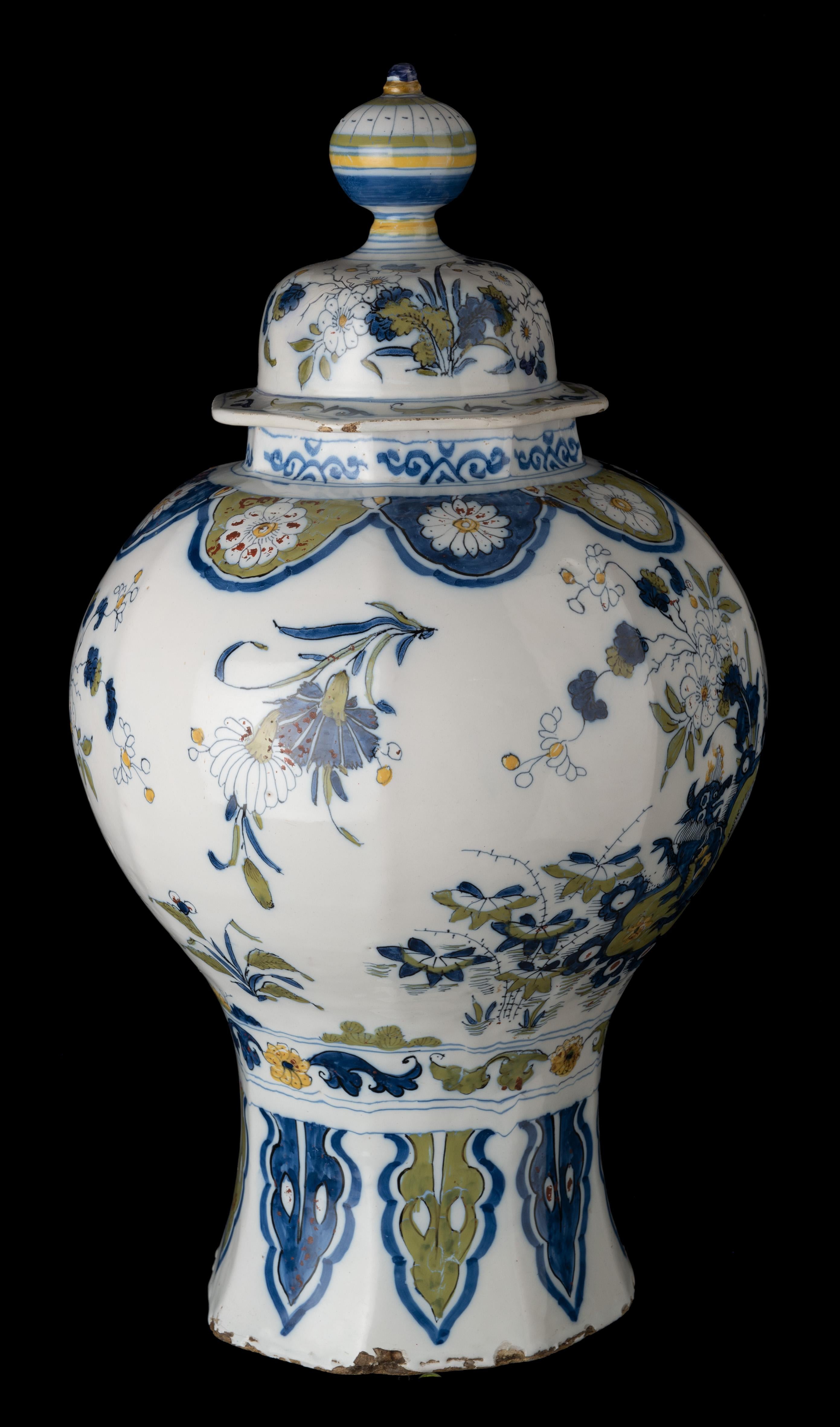 Baroque Delft Polychrome Covered Jar with Peacock and Dragon in Landscape, 1690-1700 For Sale