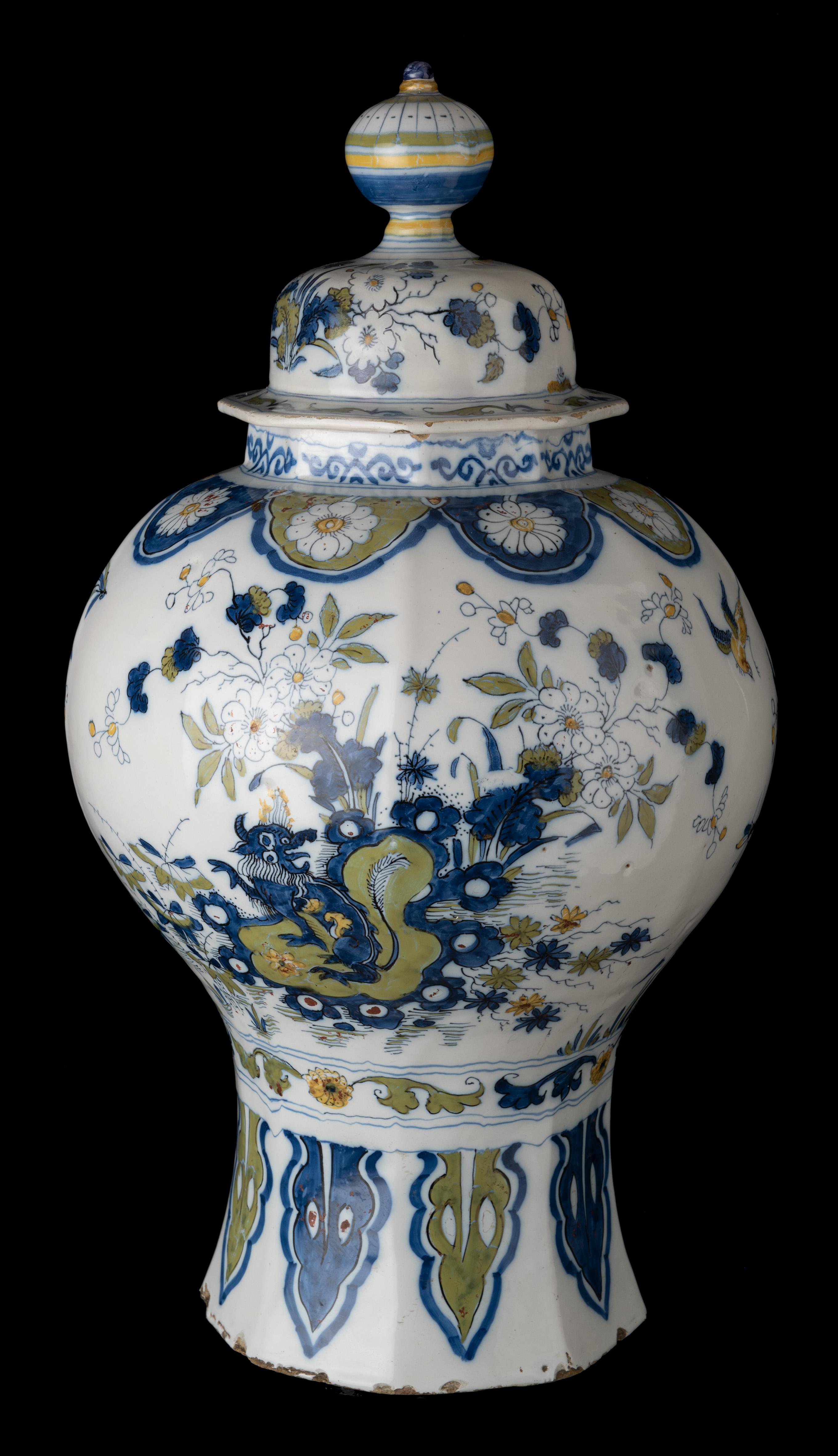 Dutch Delft Polychrome Covered Jar with Peacock and Dragon in Landscape, 1690-1700 For Sale