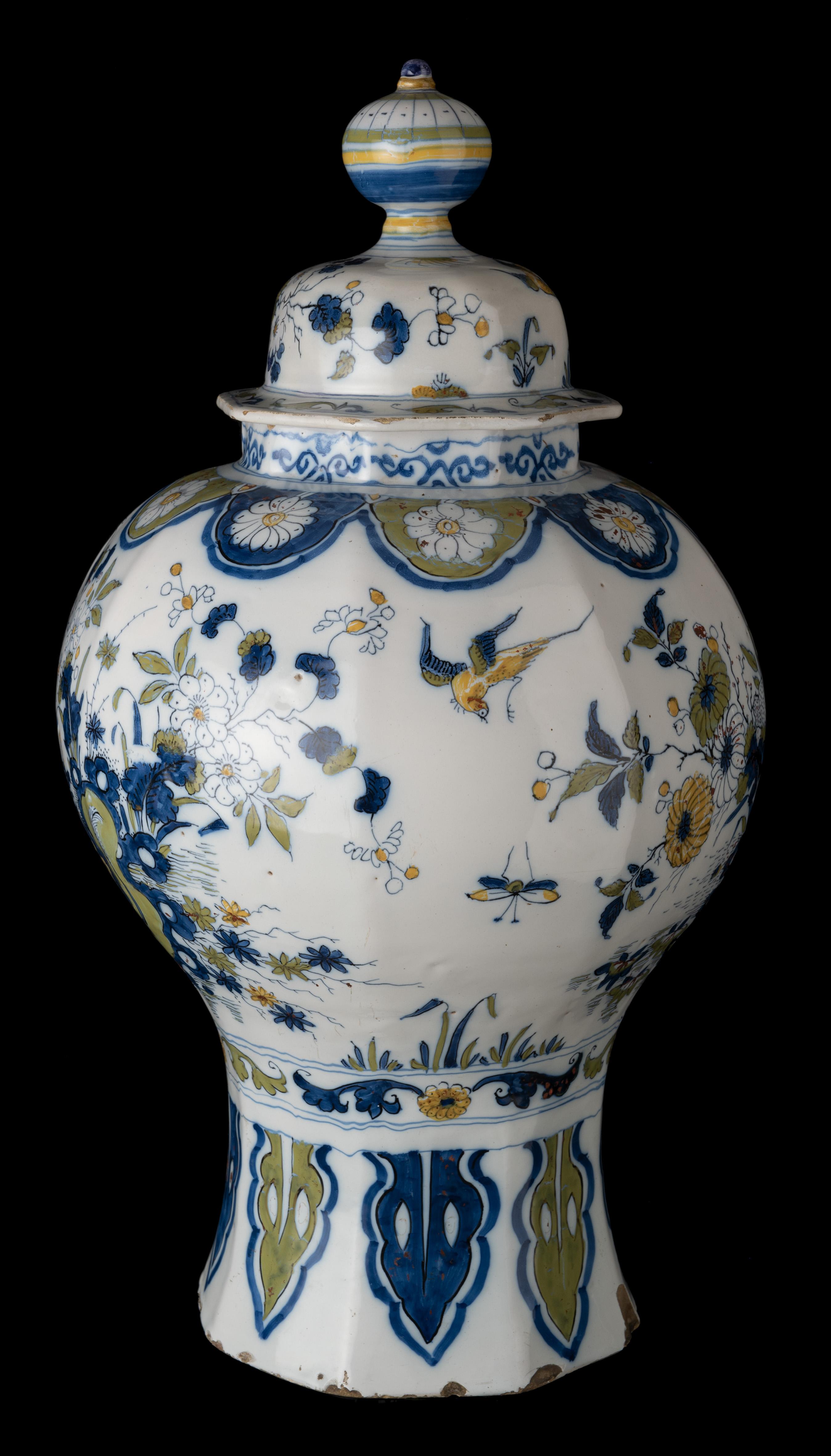 Glazed Delft Polychrome Covered Jar with Peacock and Dragon in Landscape, 1690-1700 For Sale